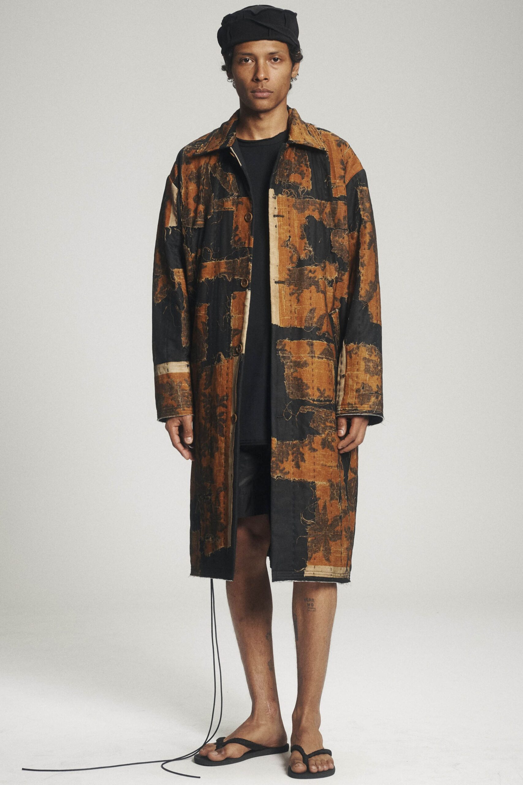 black cotton long-sleeve collared longline buttoned patchwork coat