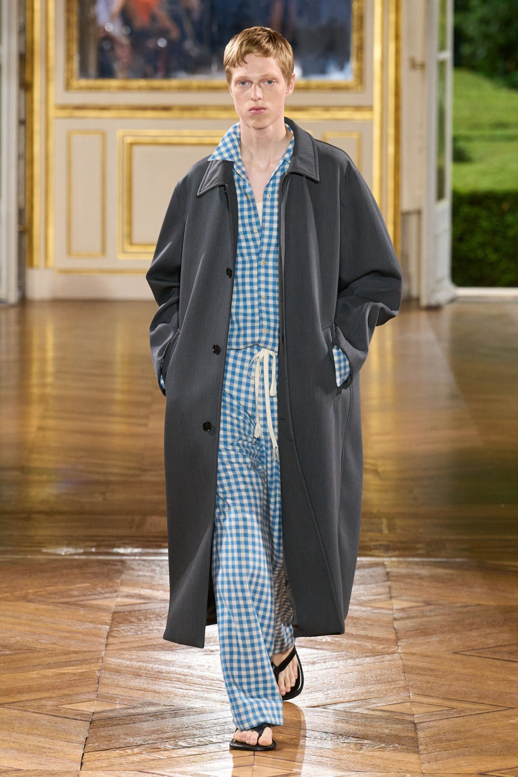 blue cotton long-sleeve collared fitted checked jumpsuit