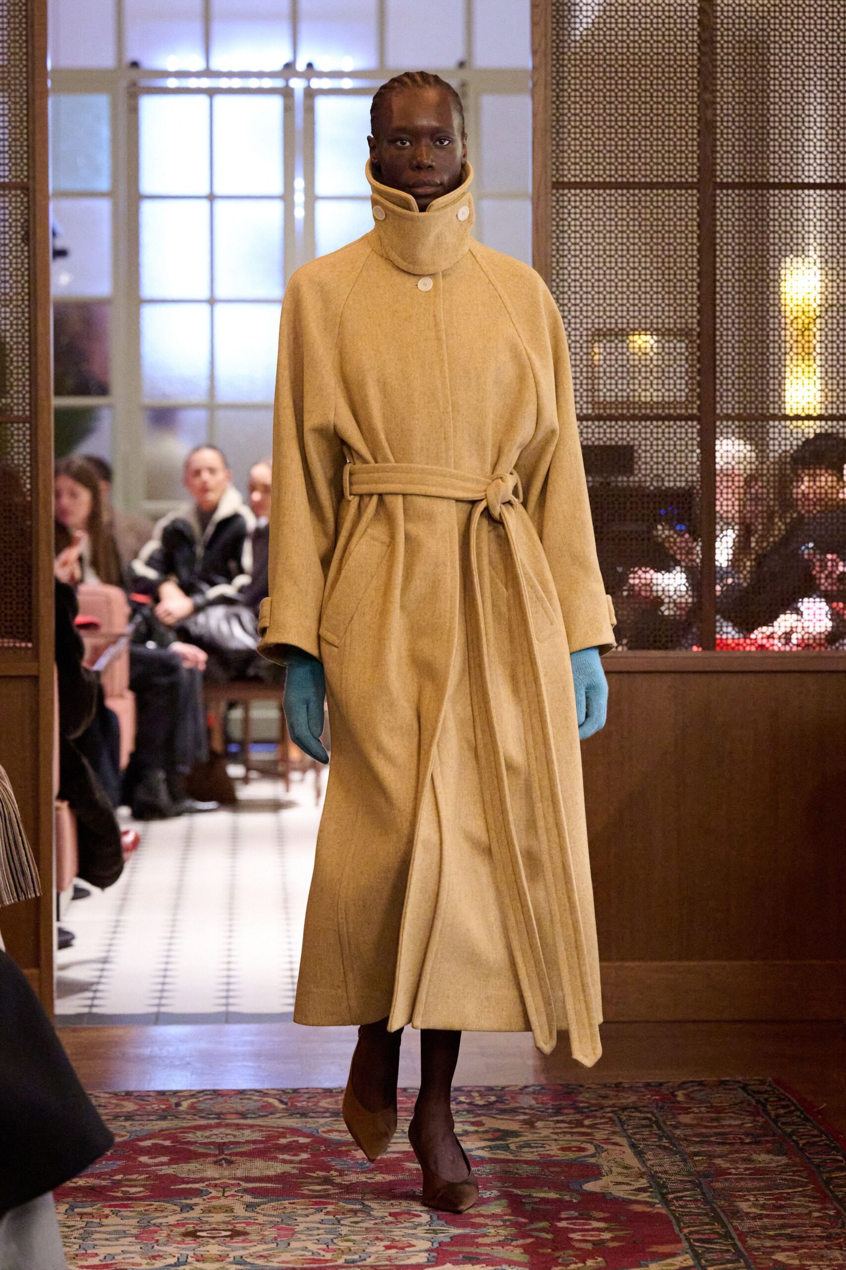beige wool long-sleeve collared fitted belted maxi coat