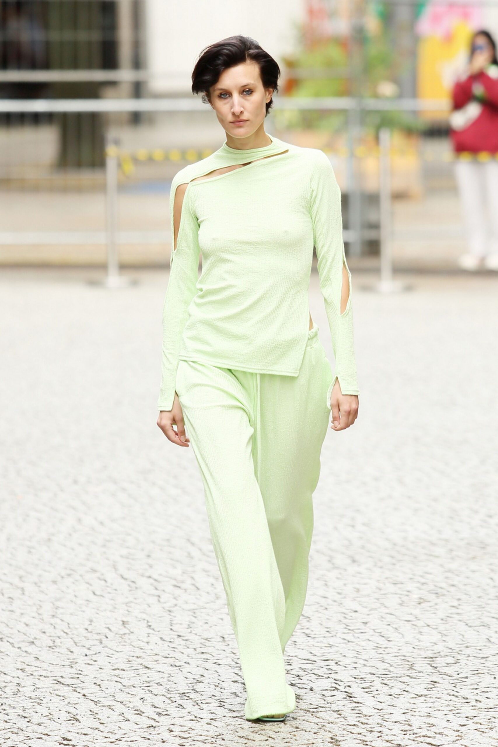 green mesh long-sleeve cutout fitted textured top