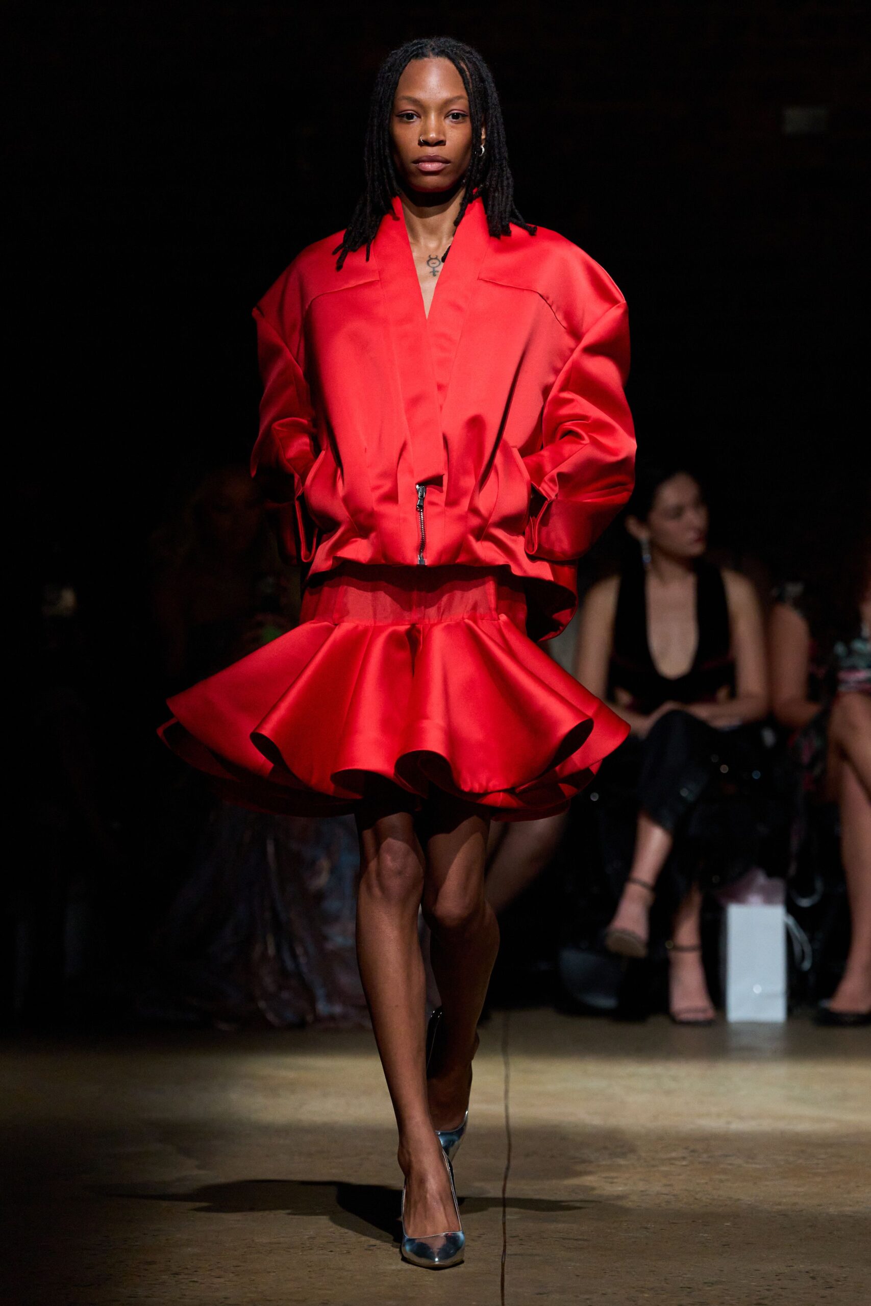 red silk fitted flared mini skirt