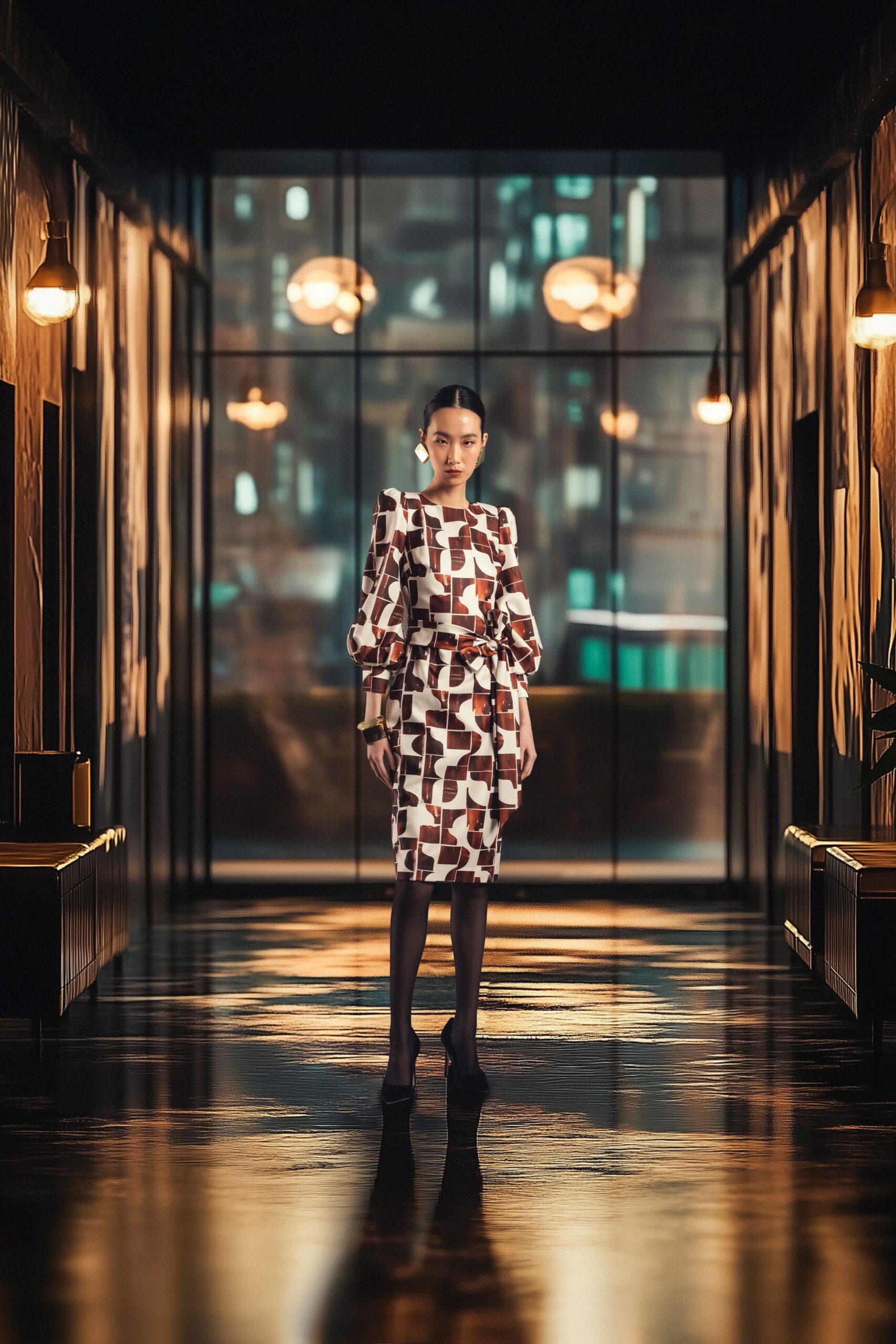 fitted printed midi dress with heels