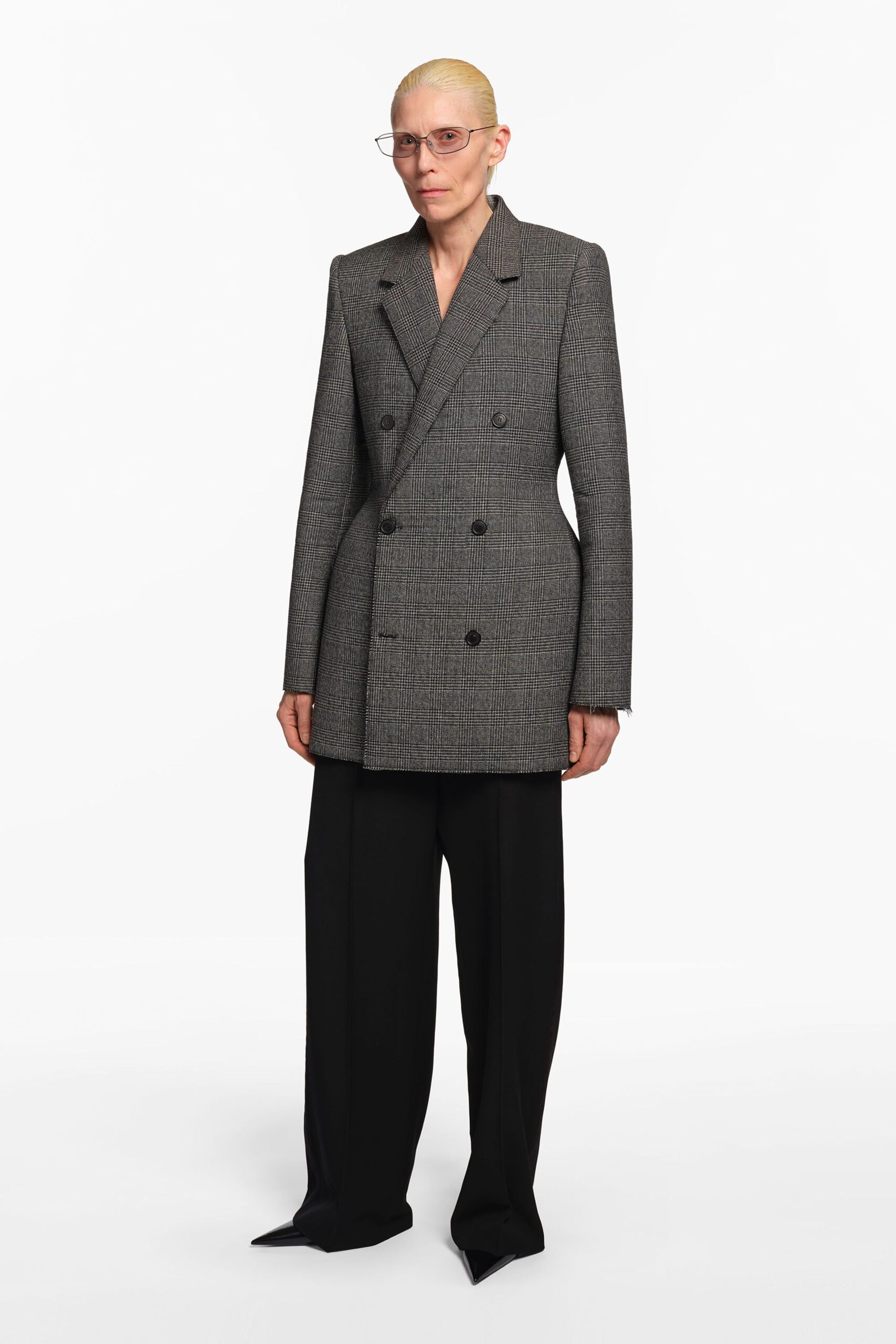 gray wool long-sleeve collared structured longline blazer