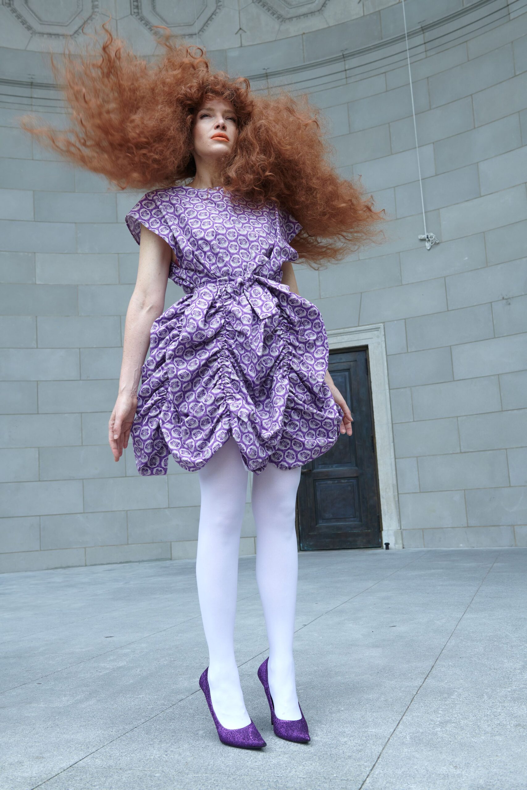purple silk short-sleeve high-neck fitted printed ruched dress