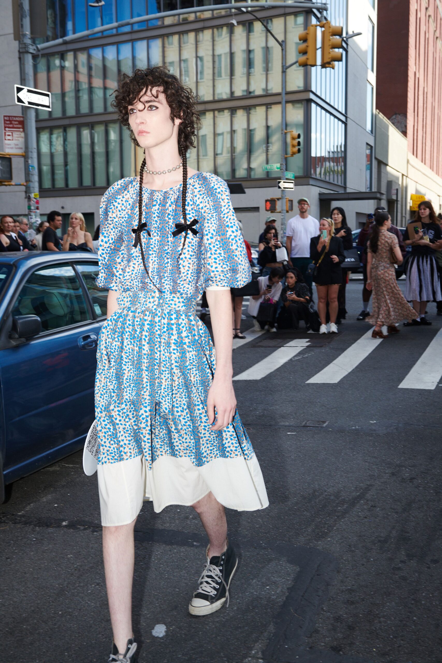 blue printed midi dress with sneakers