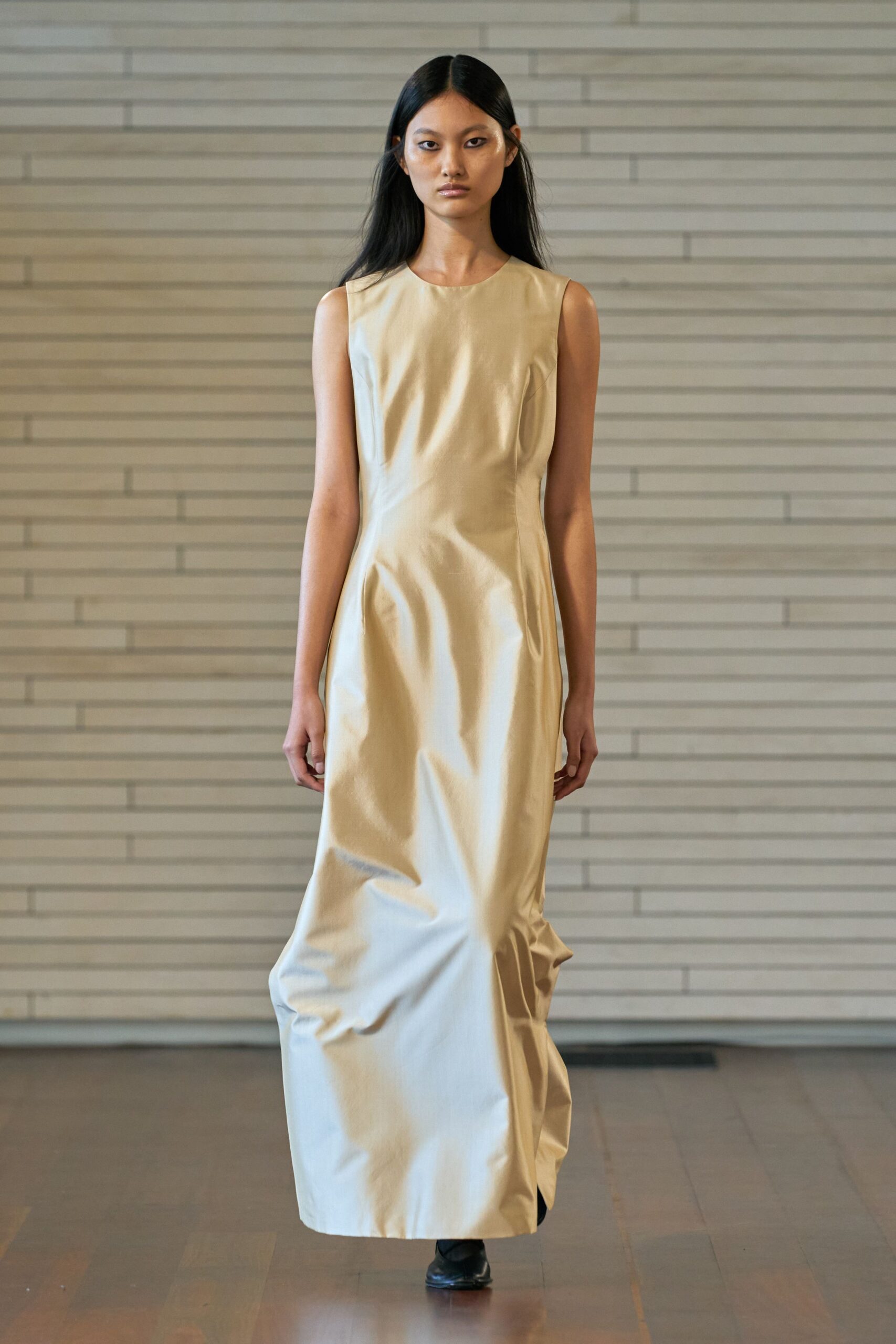 beige cotton sleeveless high-neck fitted draped maxi gown