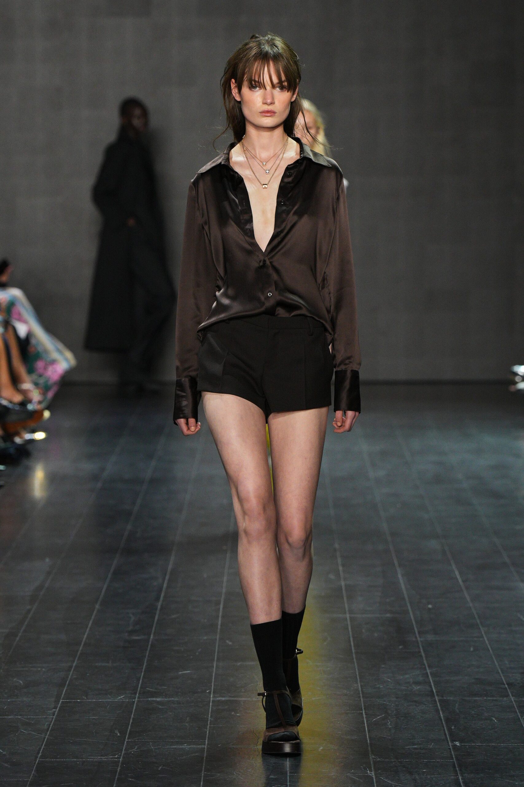 brown silk long-sleeve collared relaxed buttoned shiny shirt