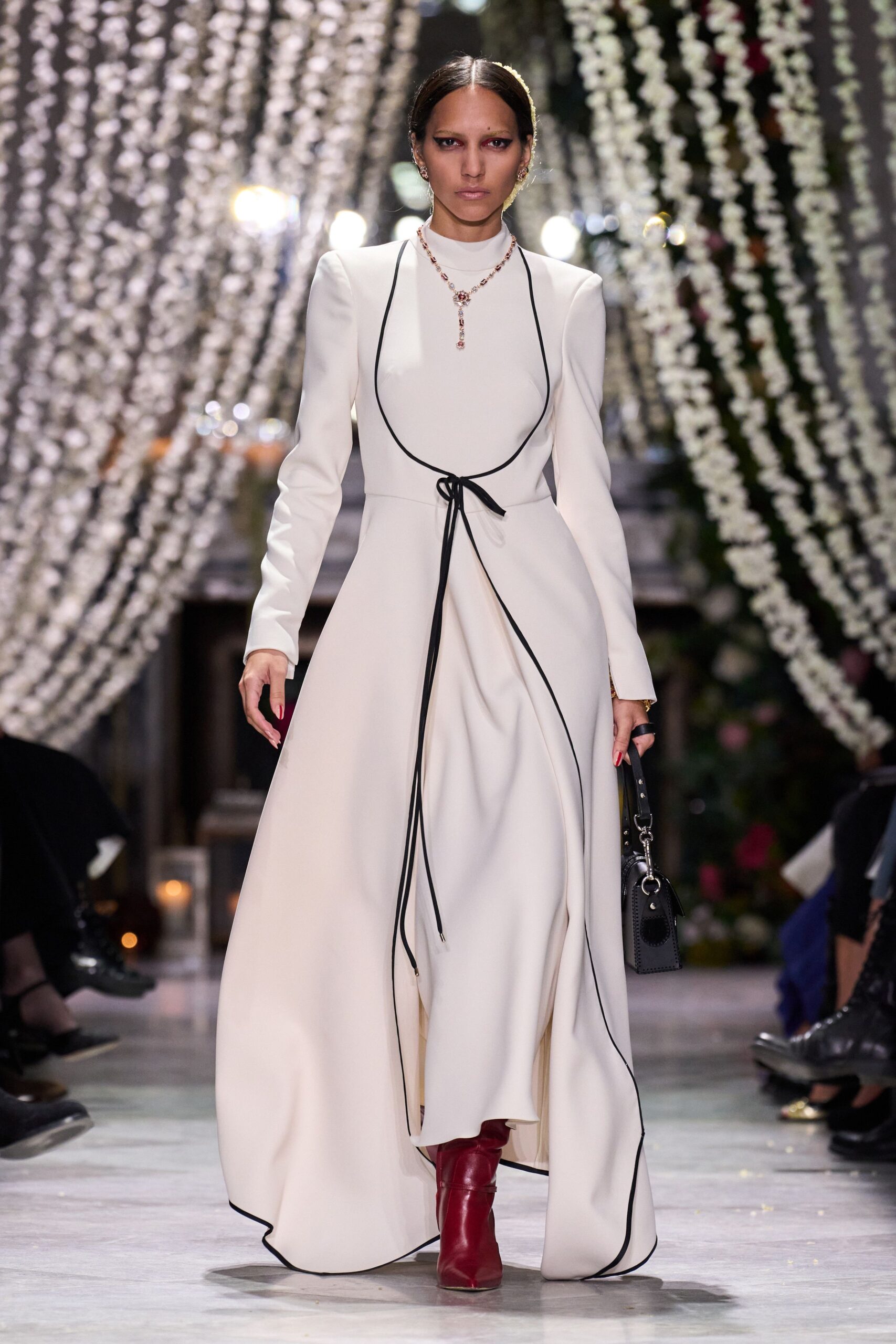 white silk long-sleeve v-neck fitted draped belted gown