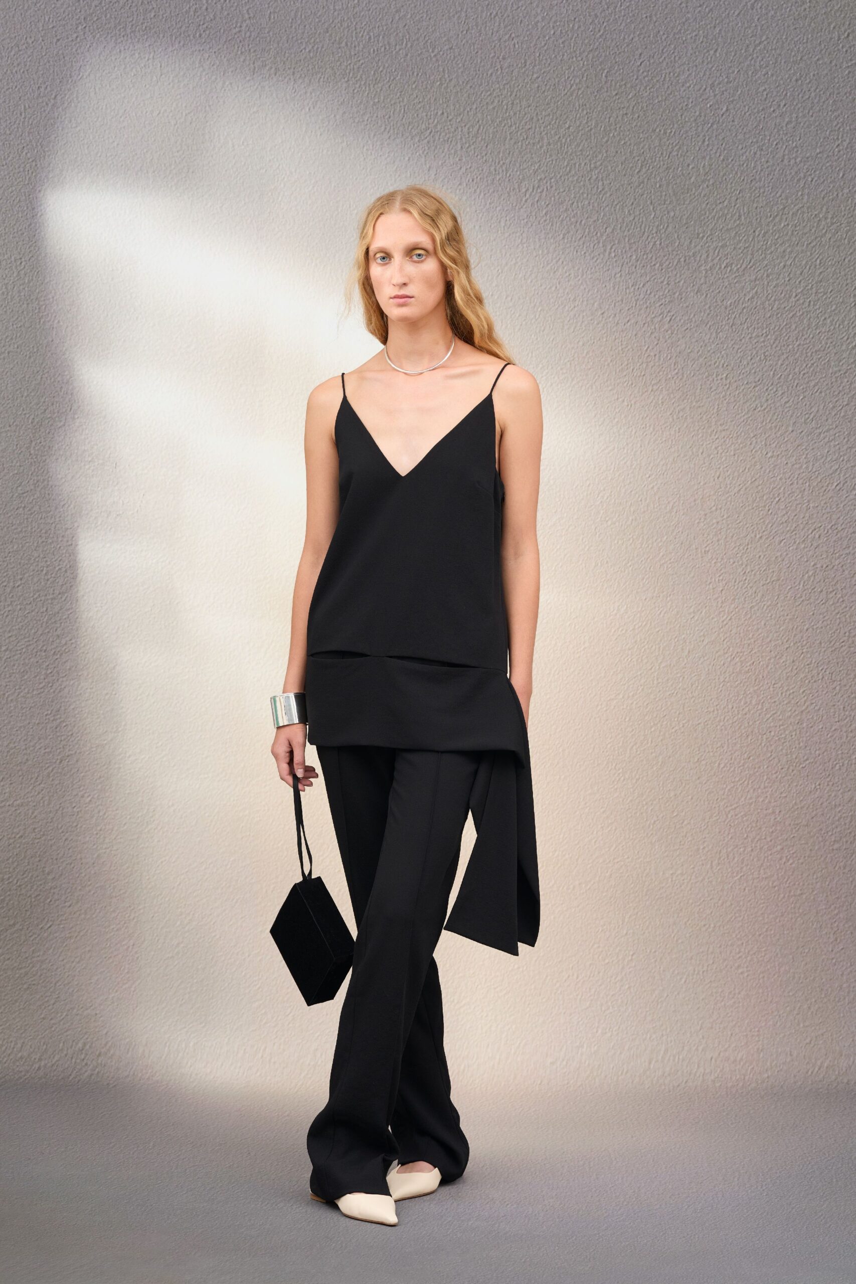 black silk asymmetric top and pants