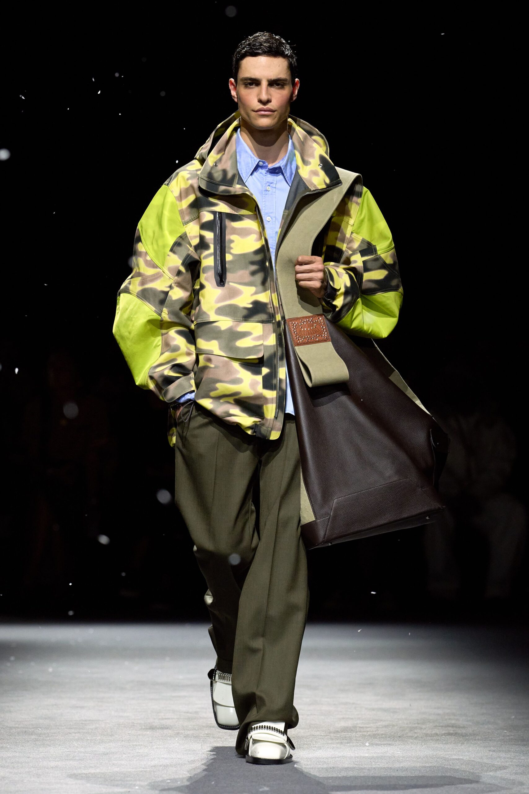 green vinyl long-sleeve collared relaxed camouflage jacket