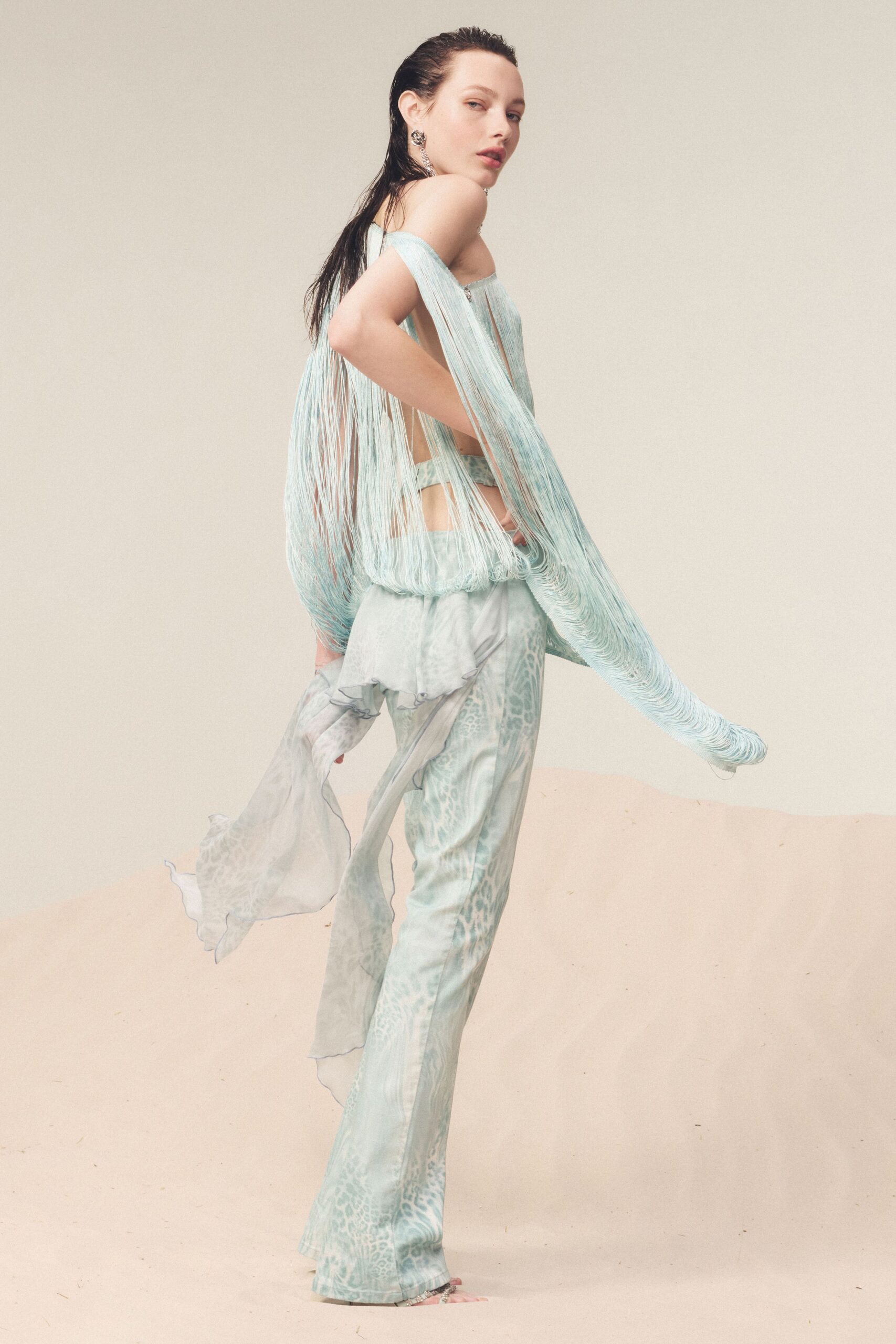 blue silk sleeveless off-shoulder relaxed fringed flowing top
