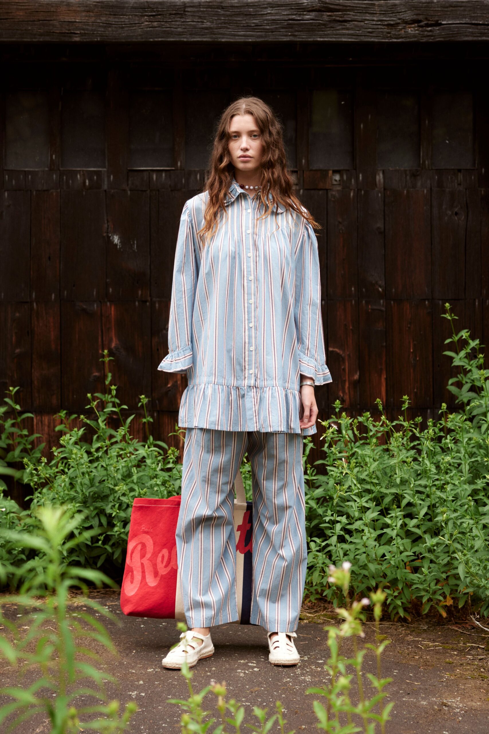 blue cotton long-sleeve collared relaxed striped tiered shirt-dress