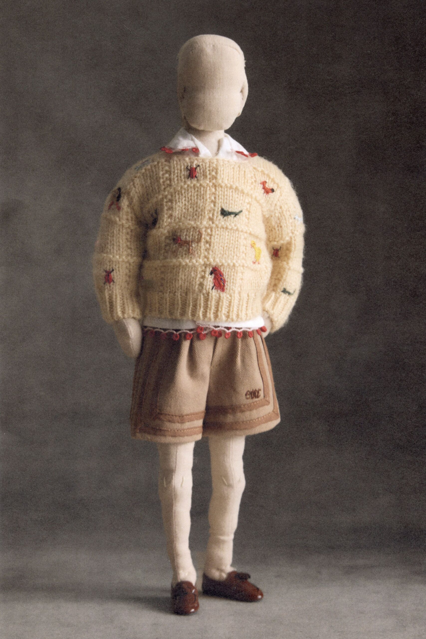beige knit long-sleeve collared oversized embroidered ribbed sweater