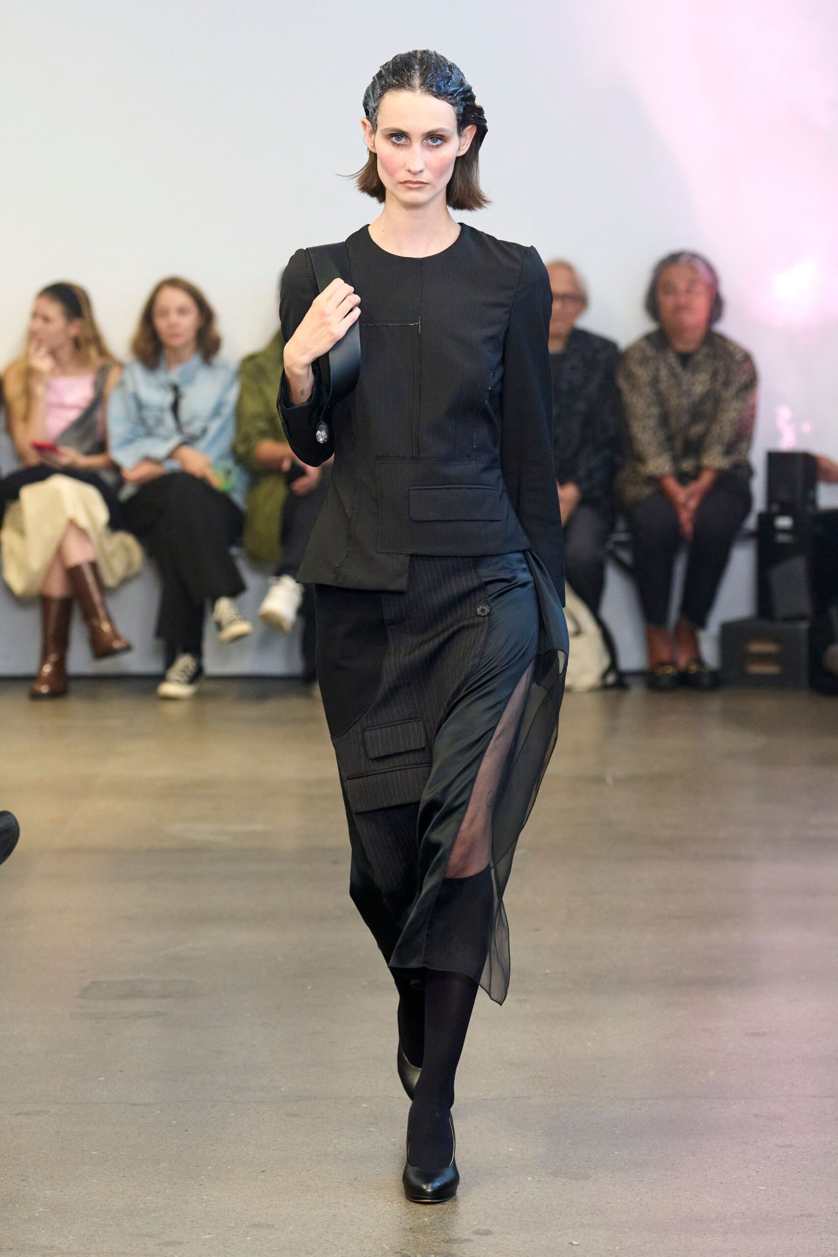 black silk wrap slit relaxed layered pockets skirt