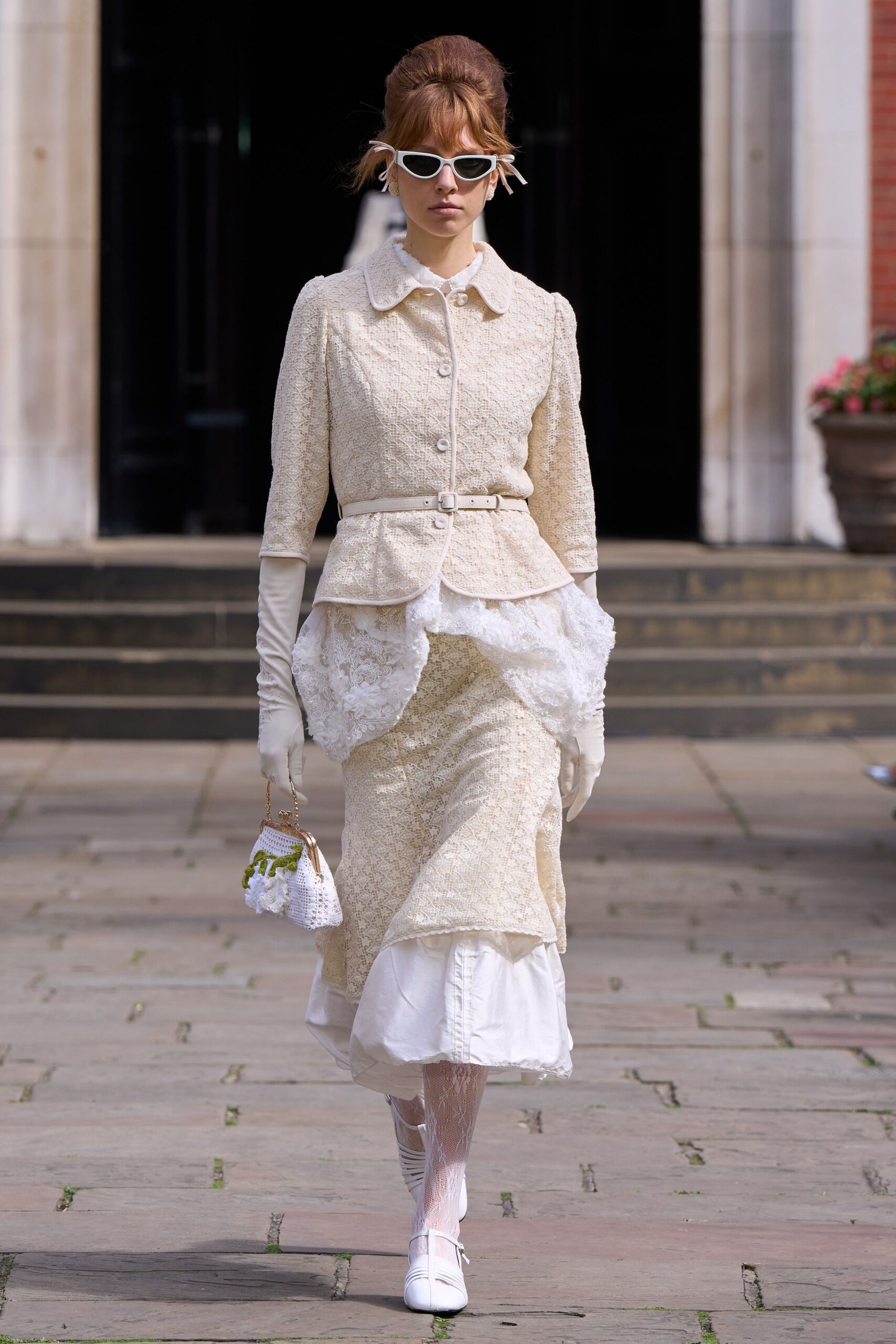 beige tweed long-sleeve collared tailored buttoned belted jacket