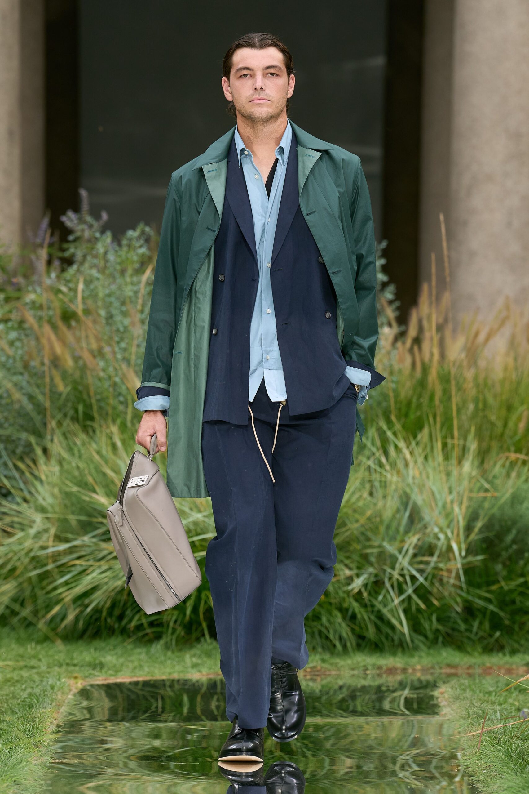 green coat navy blazer outfit