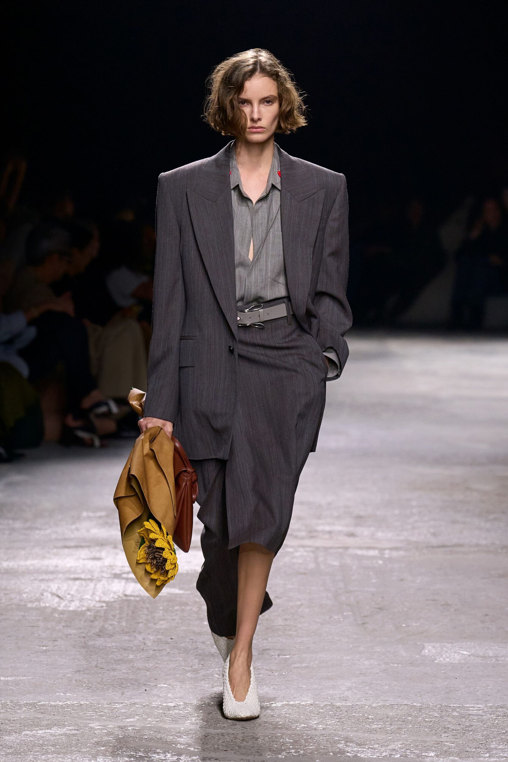 oversized gray blazer with pleated skirt