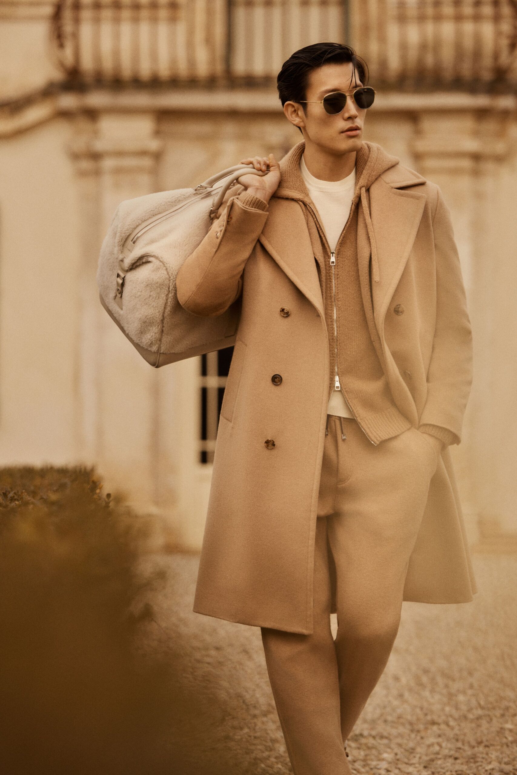 beige tailored coat with hoodie