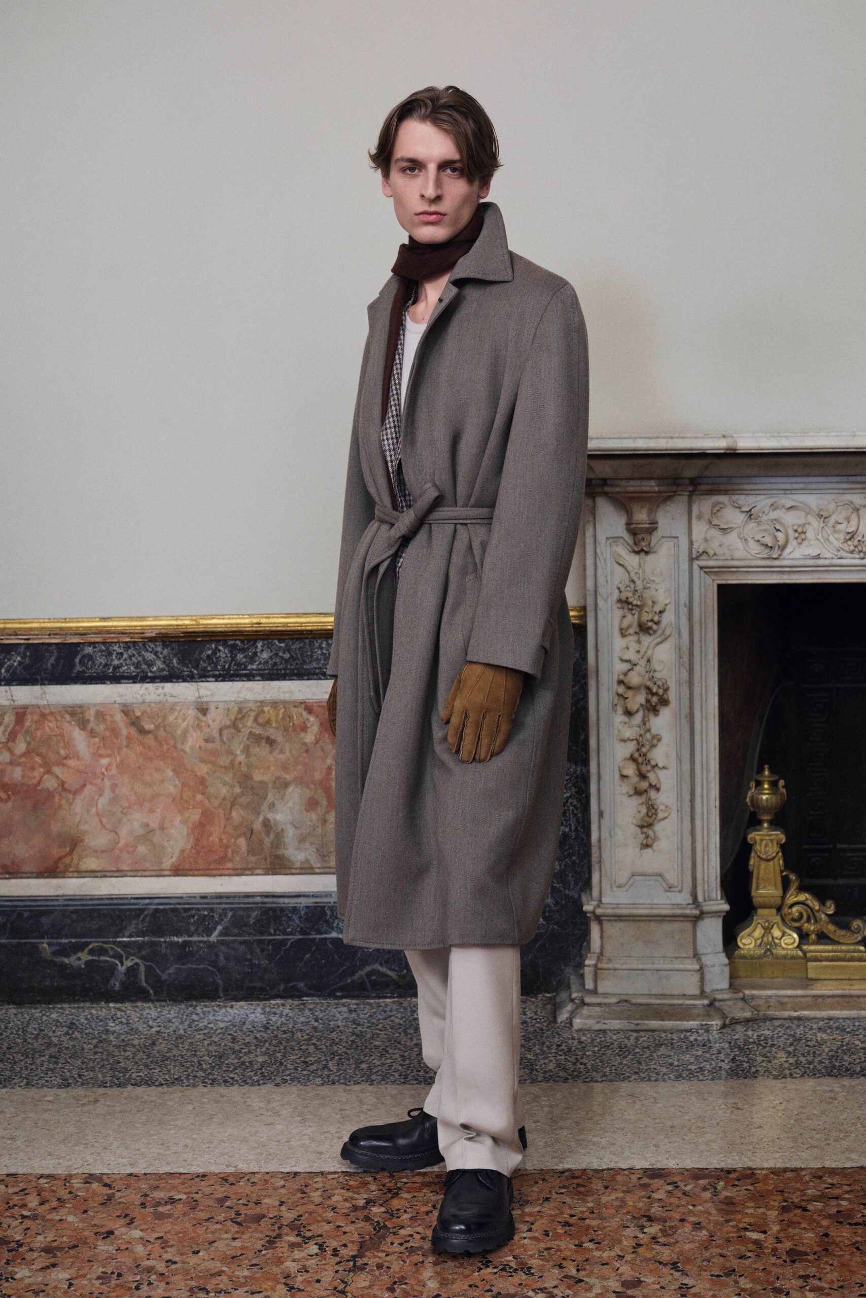 gray wool long-sleeve collared tailored belted coat
