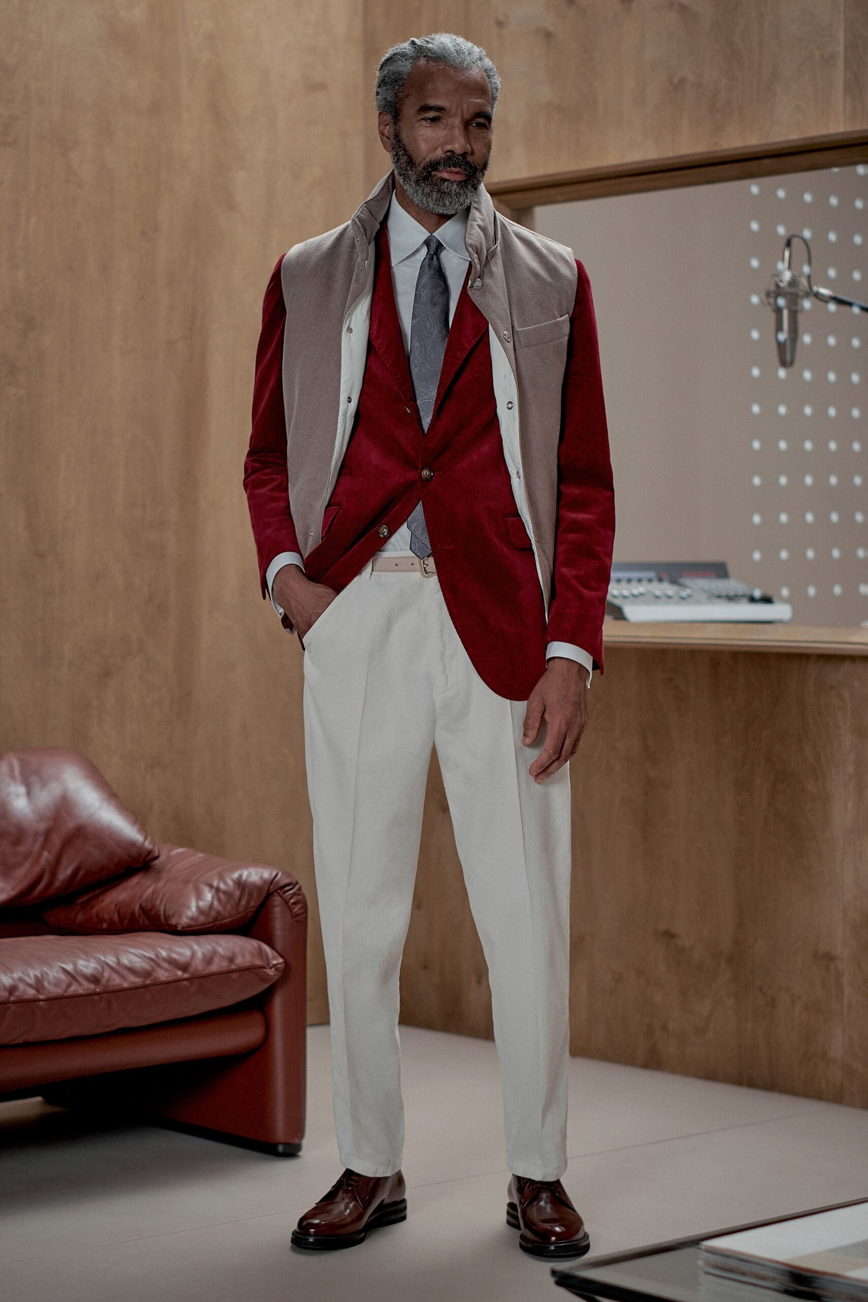 red velvet blazer with beige vest