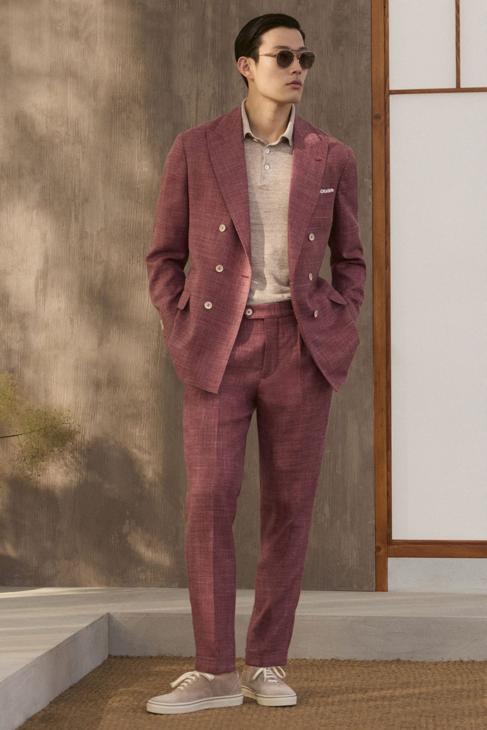 pink wool long-sleeve double-breasted structured buttoned pockets blazer