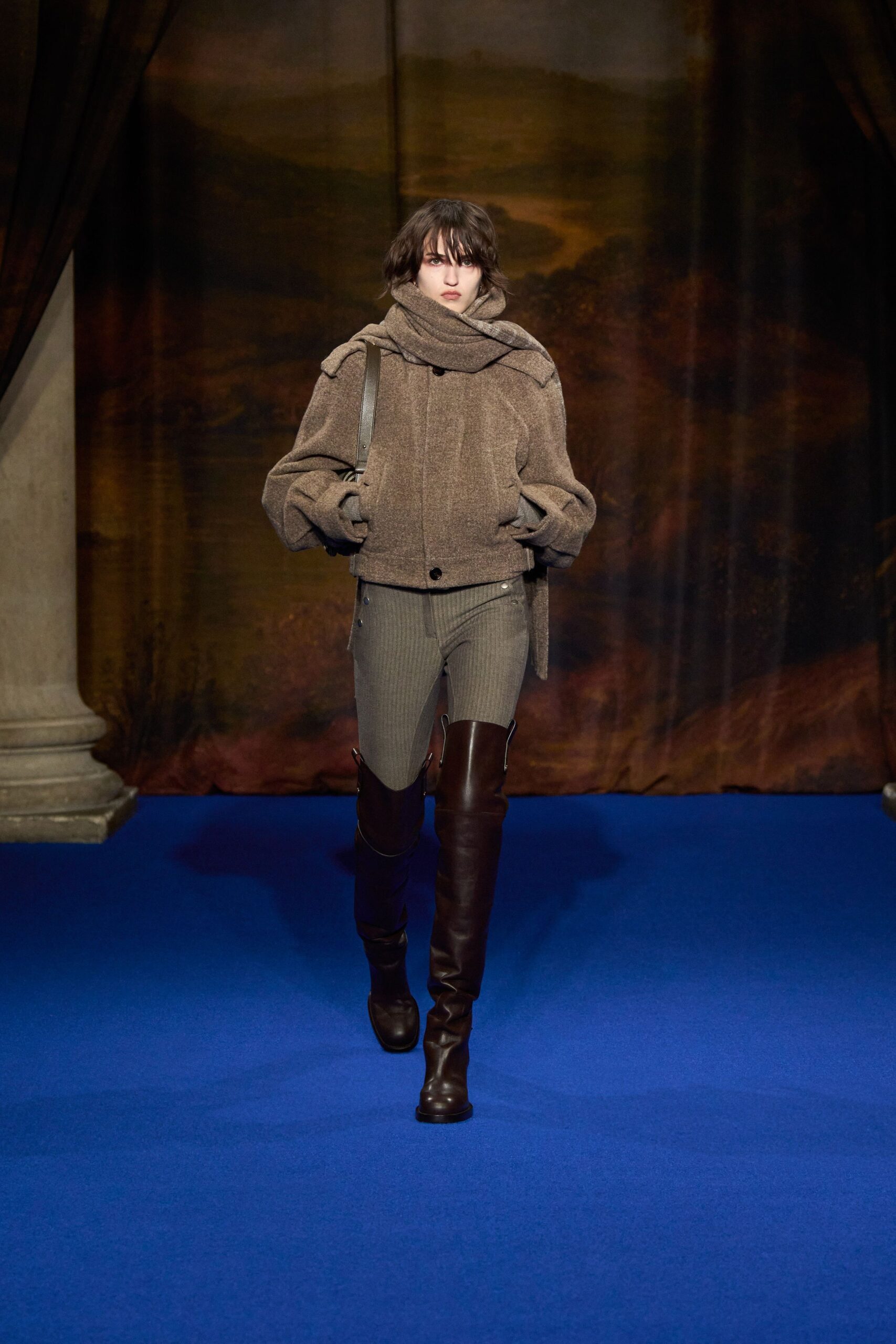 brown wool jacket gray pants brown boots