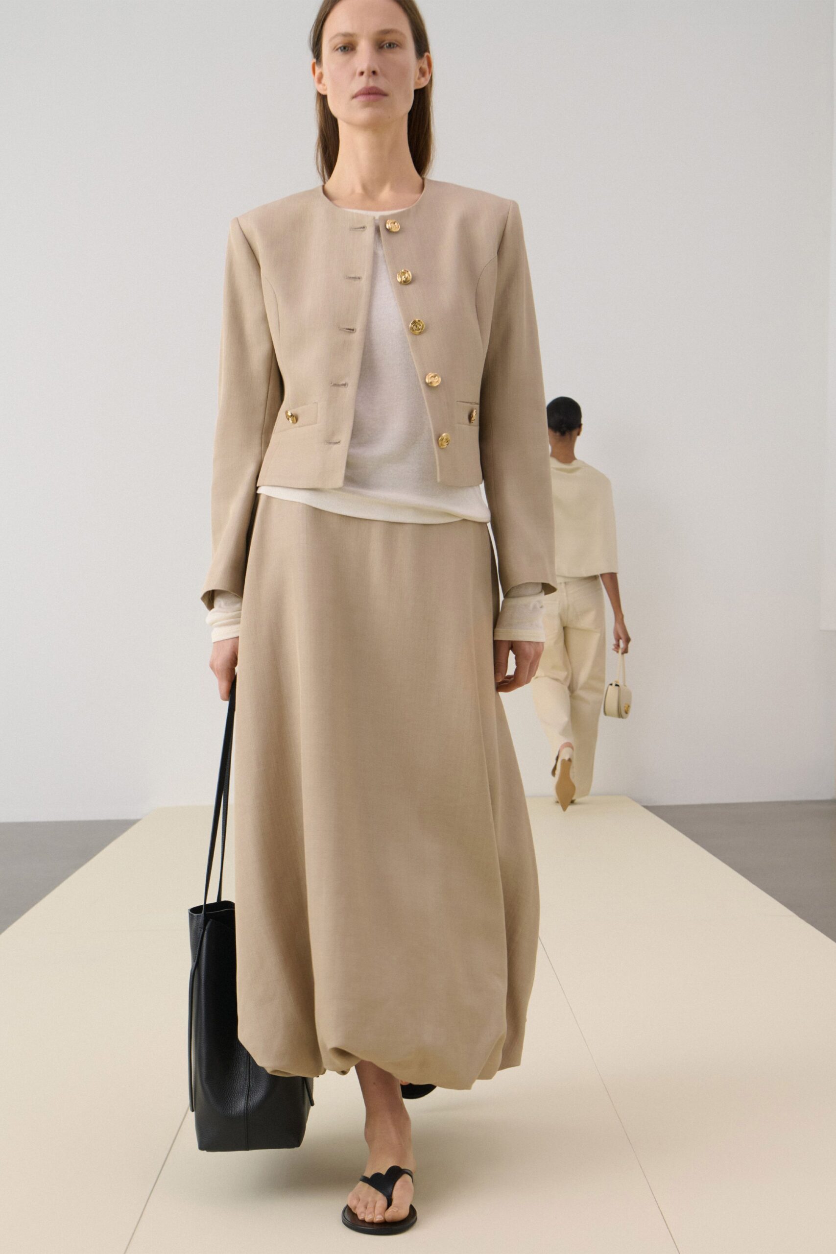 beige cotton long-sleeve collared structured buttoned jacket