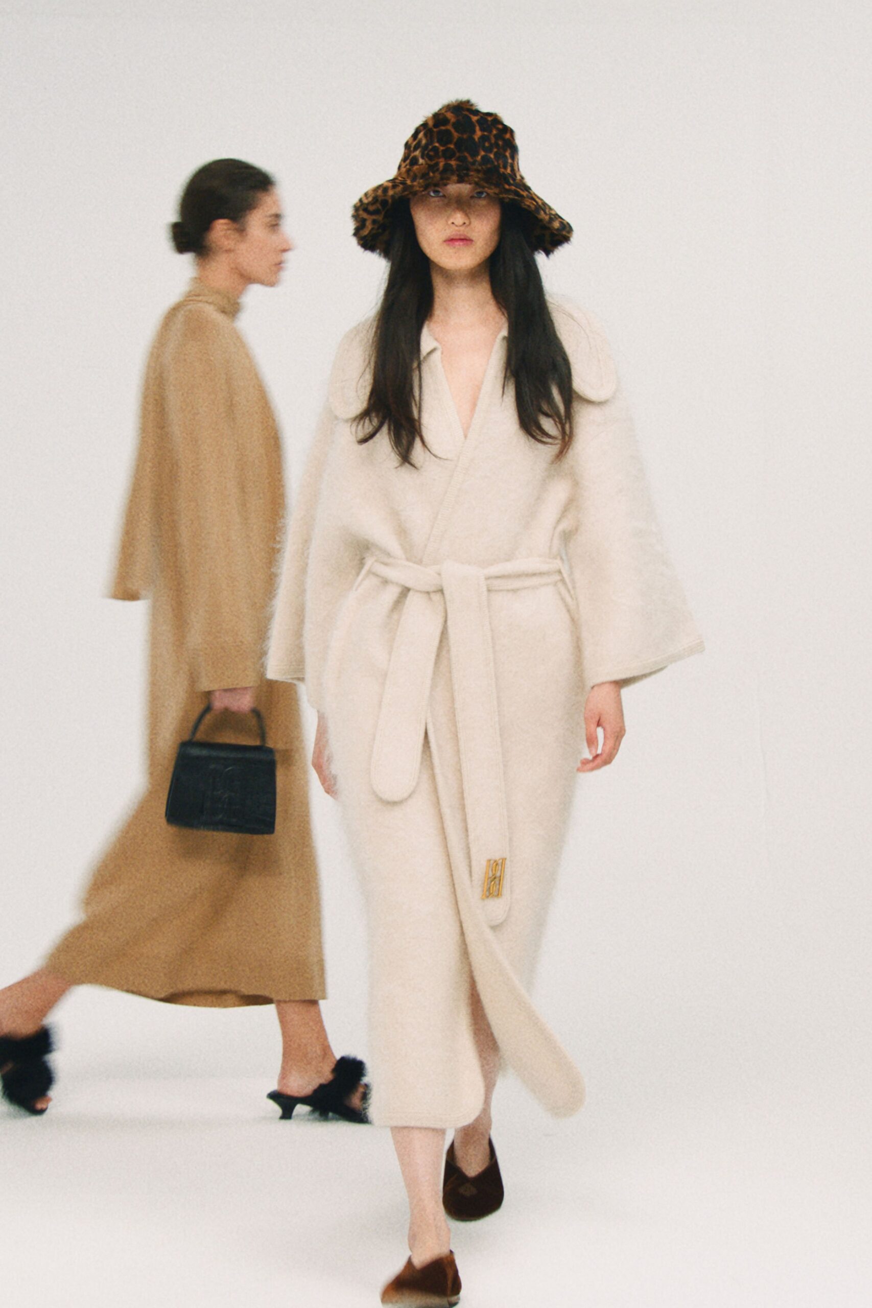 white wool long-sleeve collared relaxed belted midi coat