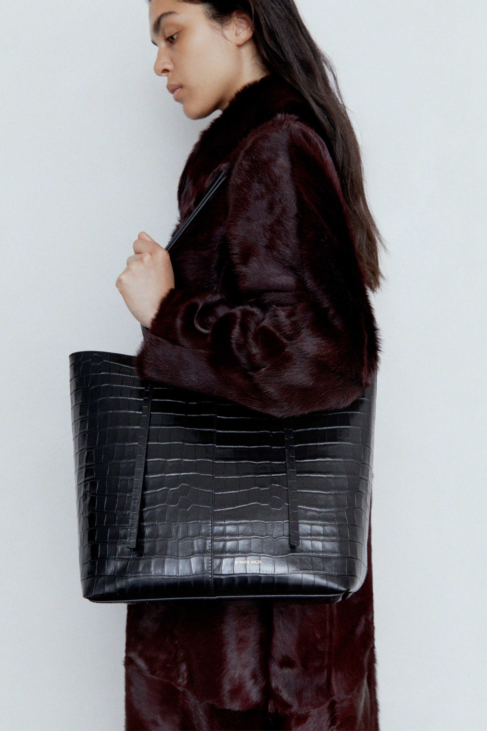 red fur long-sleeve high-neck oversized textured maxi coat