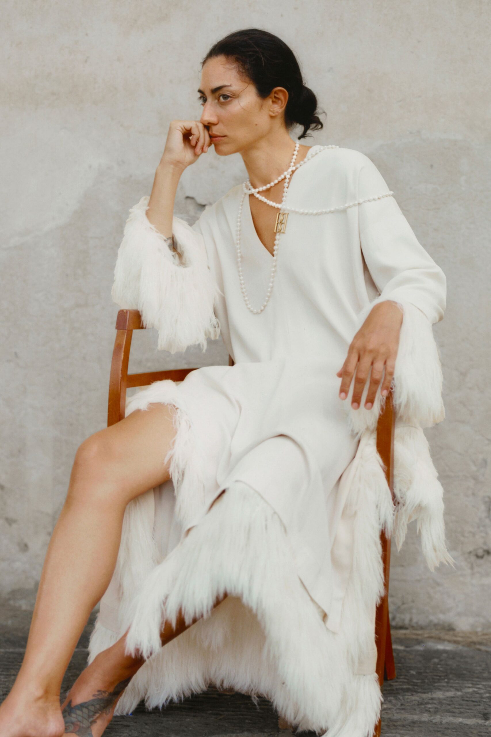 white relaxed fringed dress
