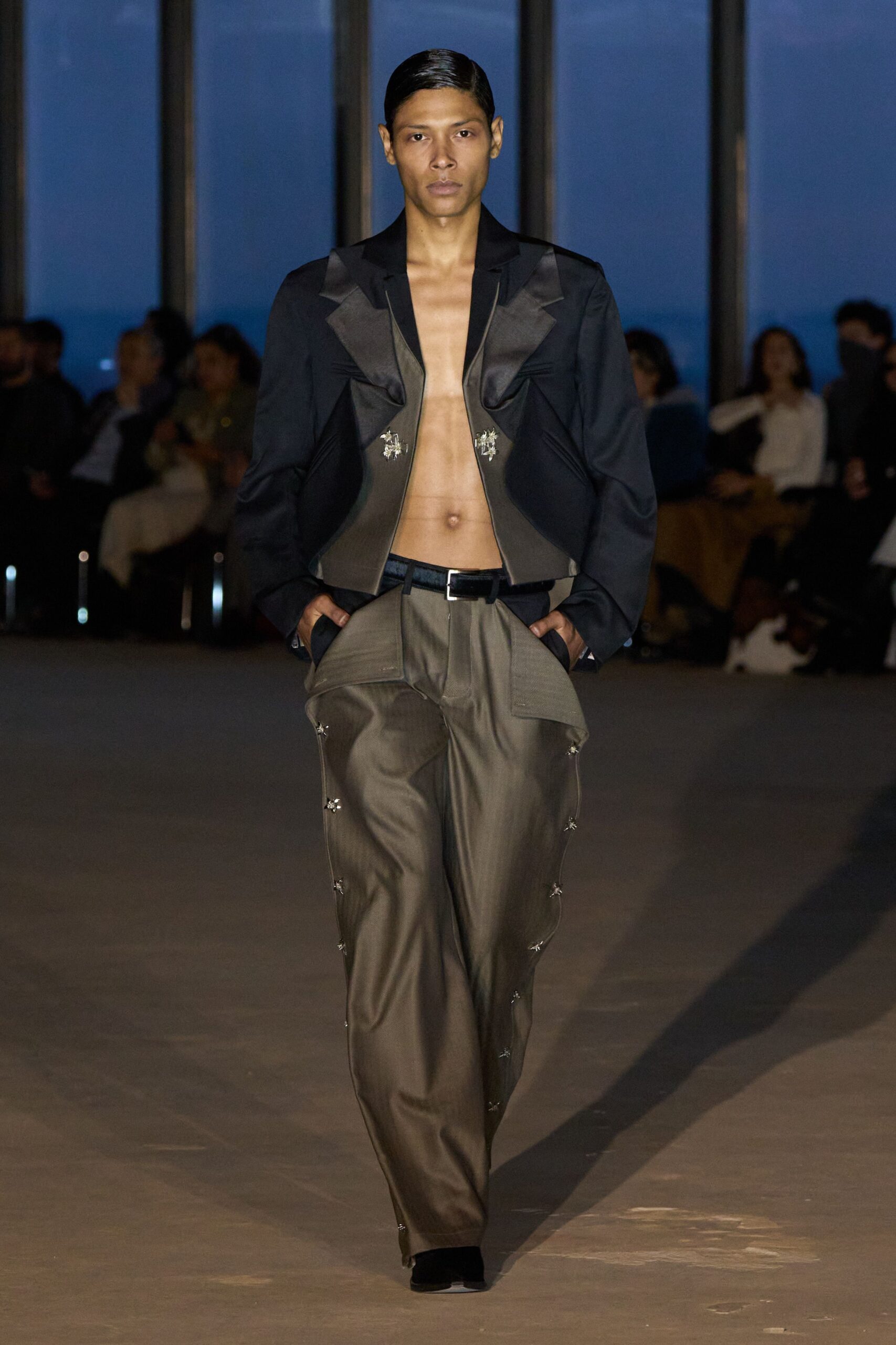 gray silk relaxed high-waisted pleated pants