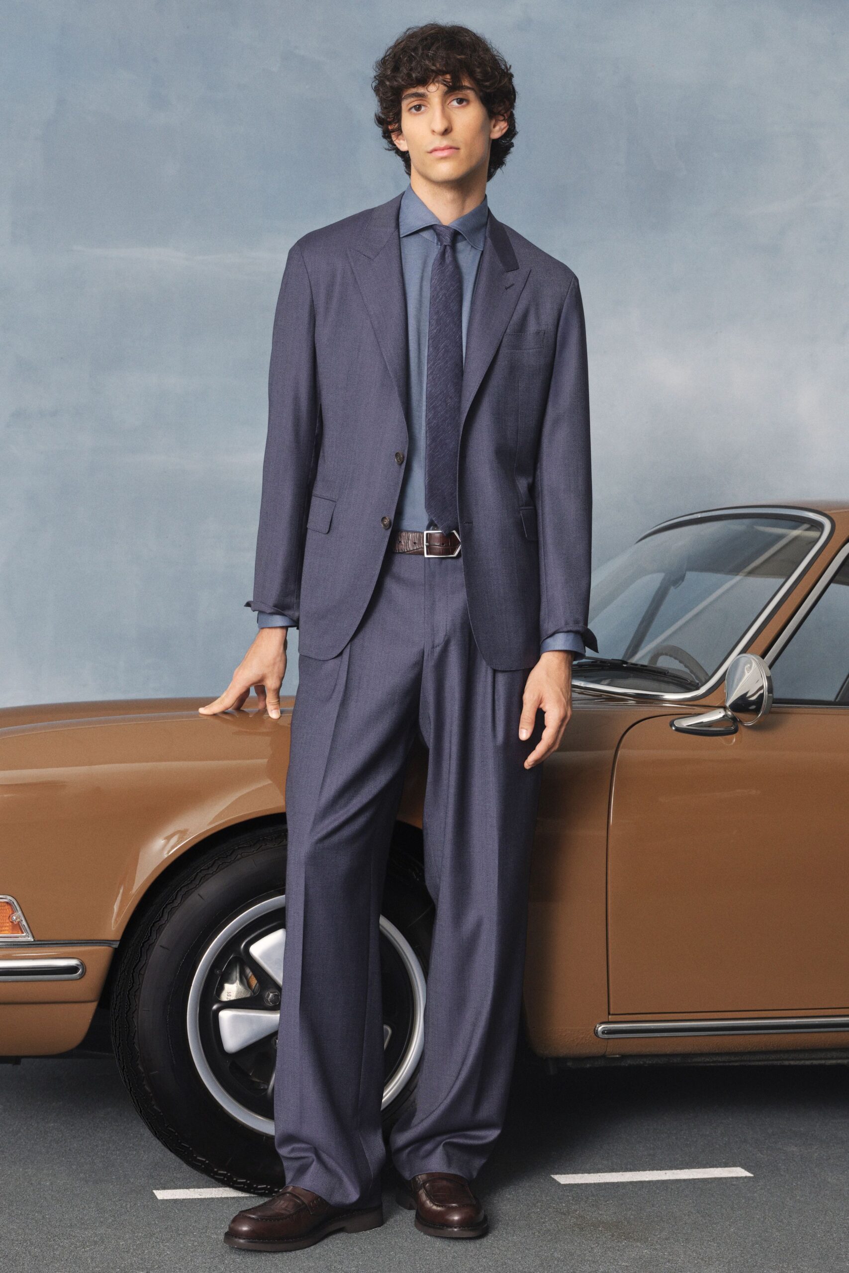 blue gray suit with tie