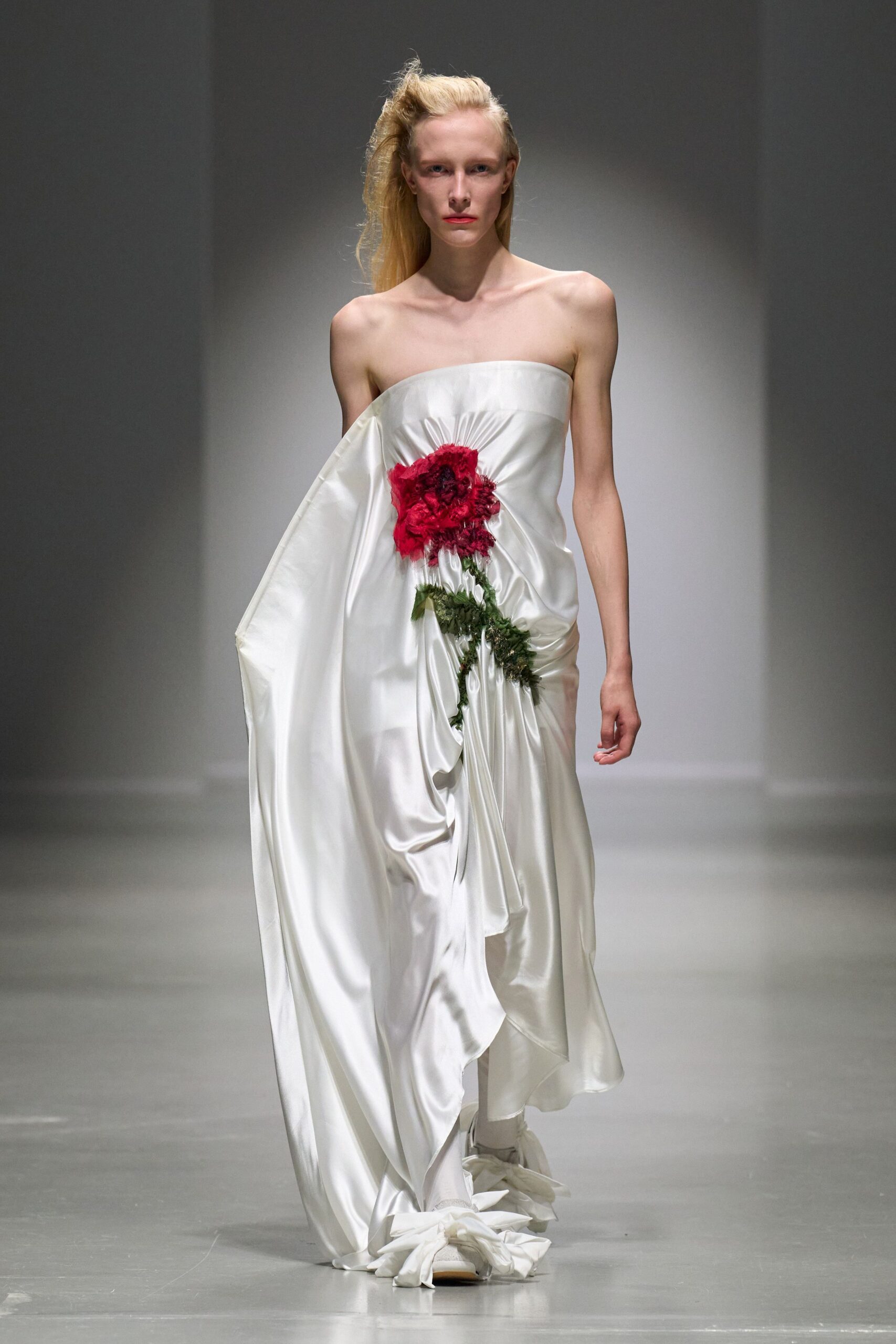 white silk strapless gown