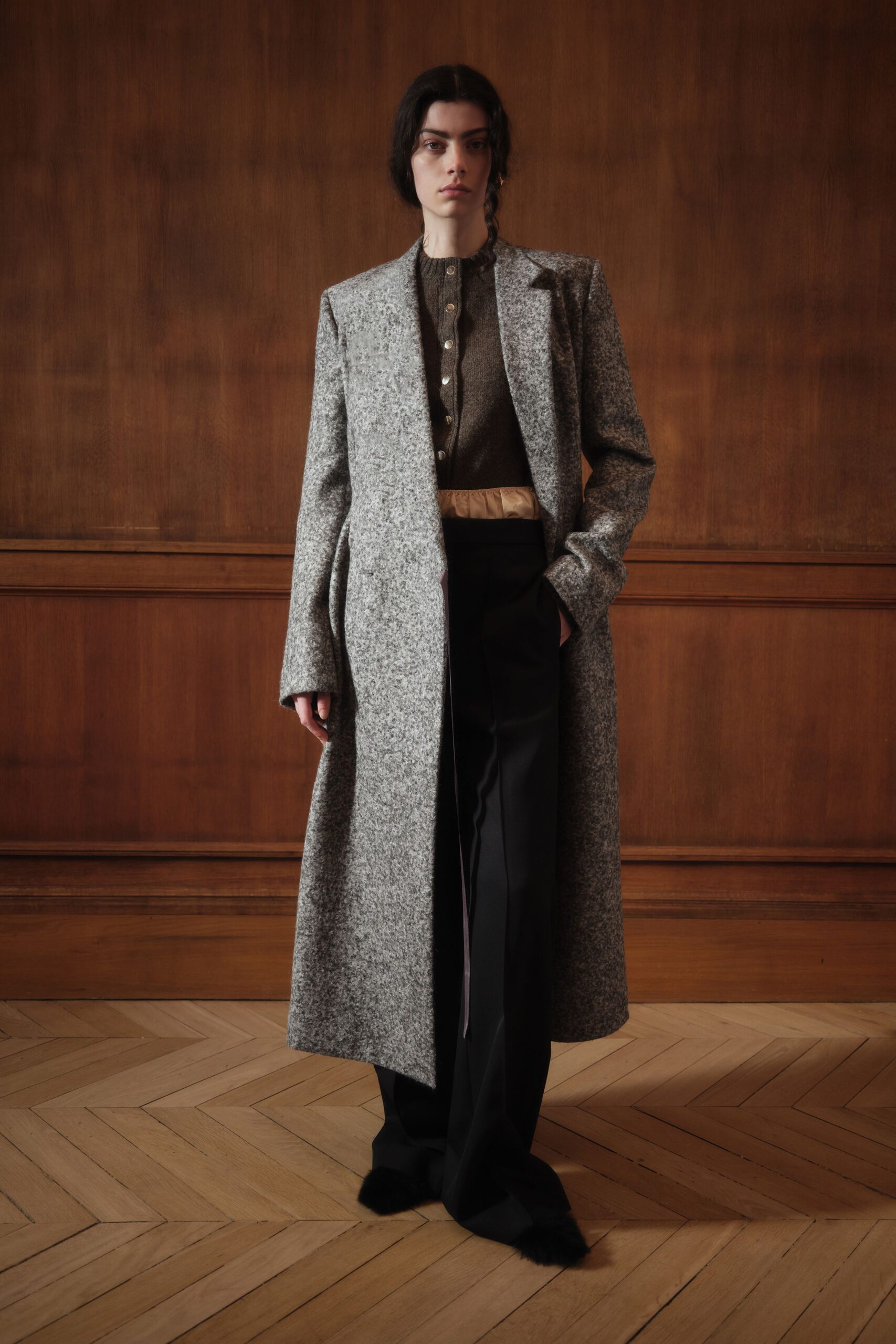 gray wool coat with brown top