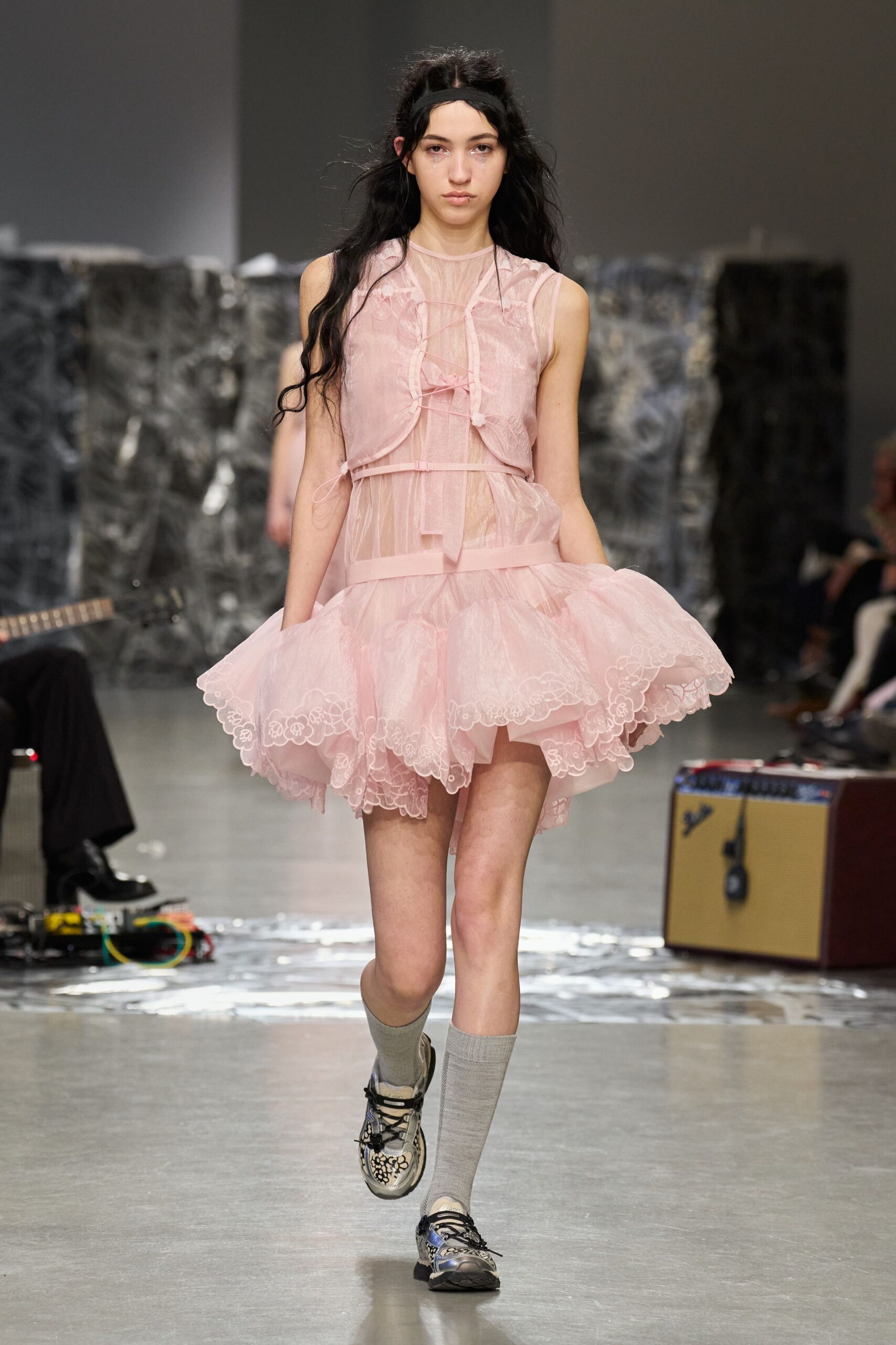 pink lace sleeveless v-neck fitted pleated ruffled dress