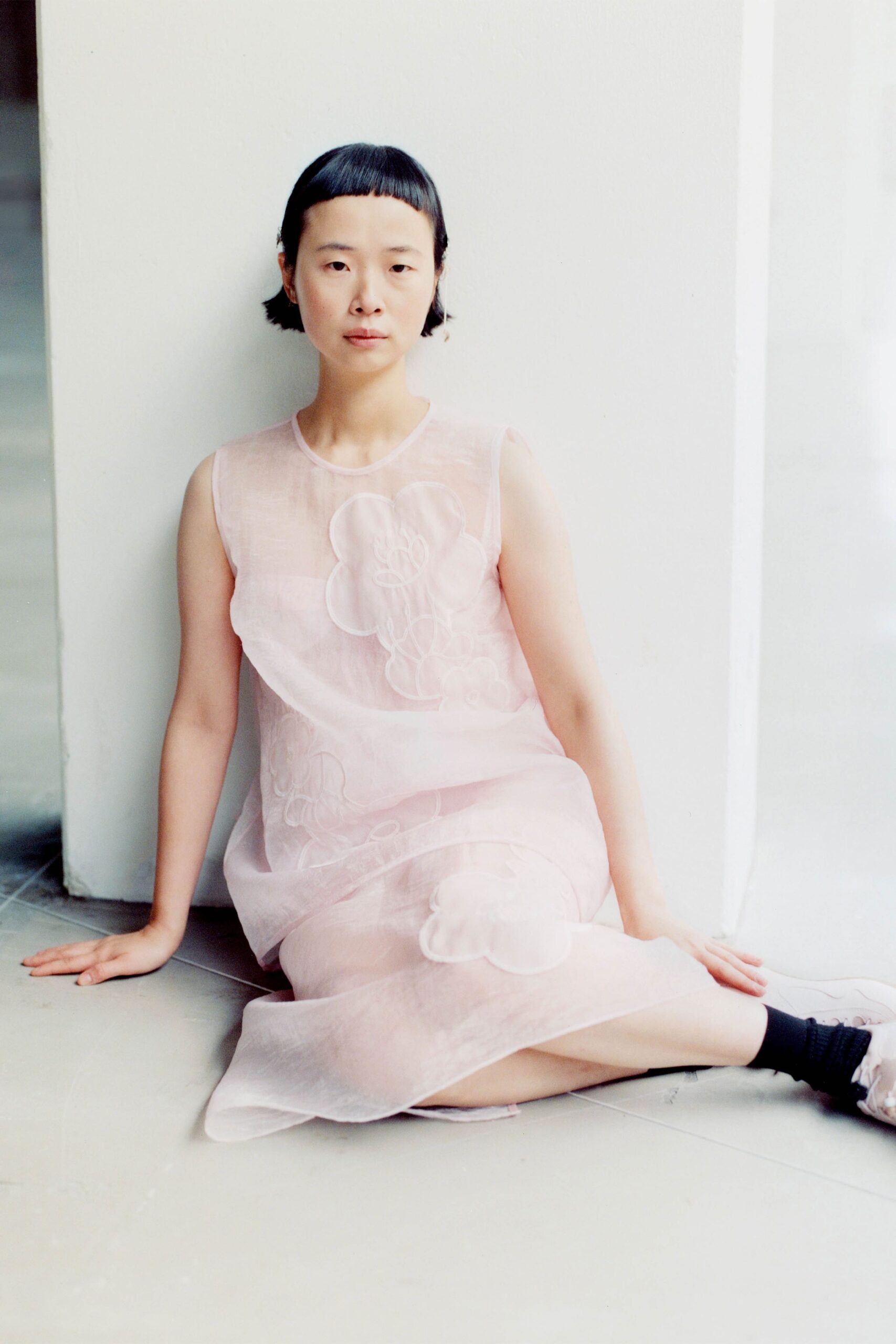pink silk sleeveless high-neck relaxed embroidered sheer dress