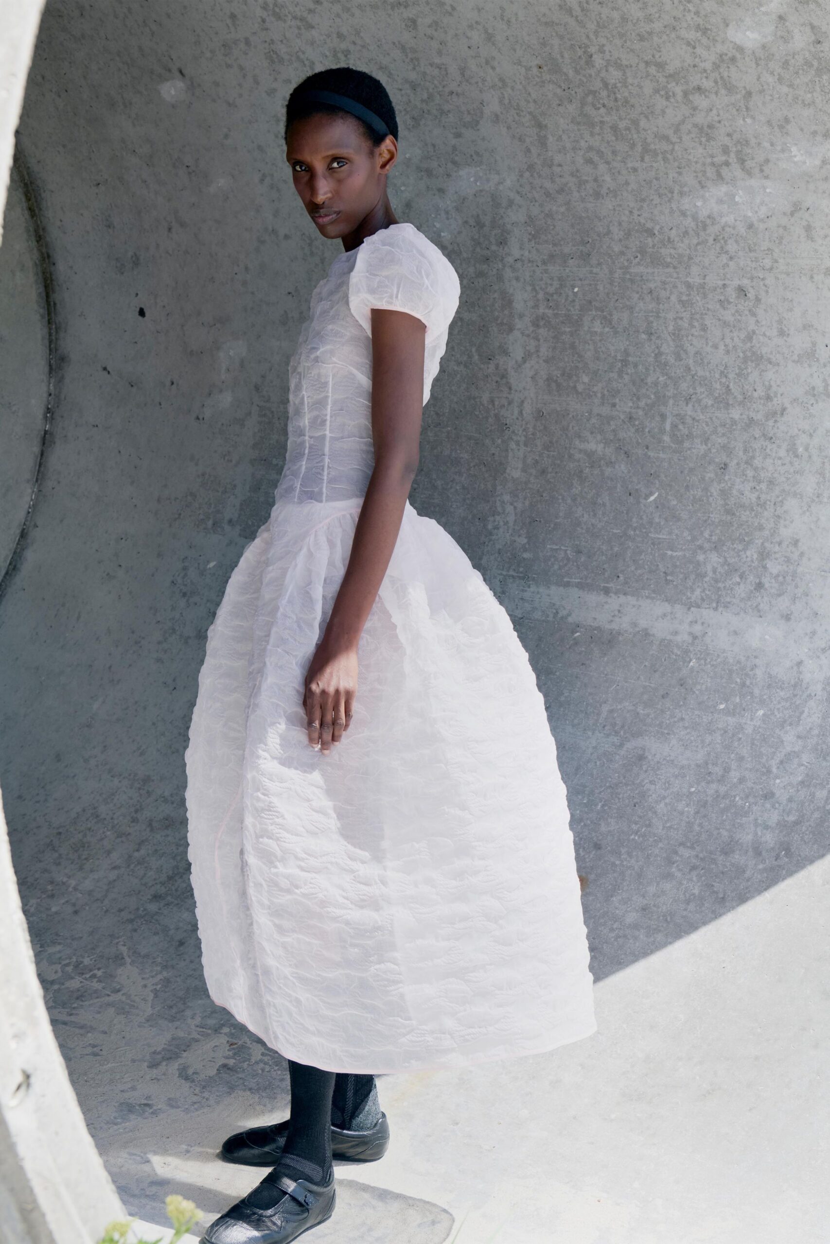 white chiffon short-sleeve high-neck fitted layered a-line dress
