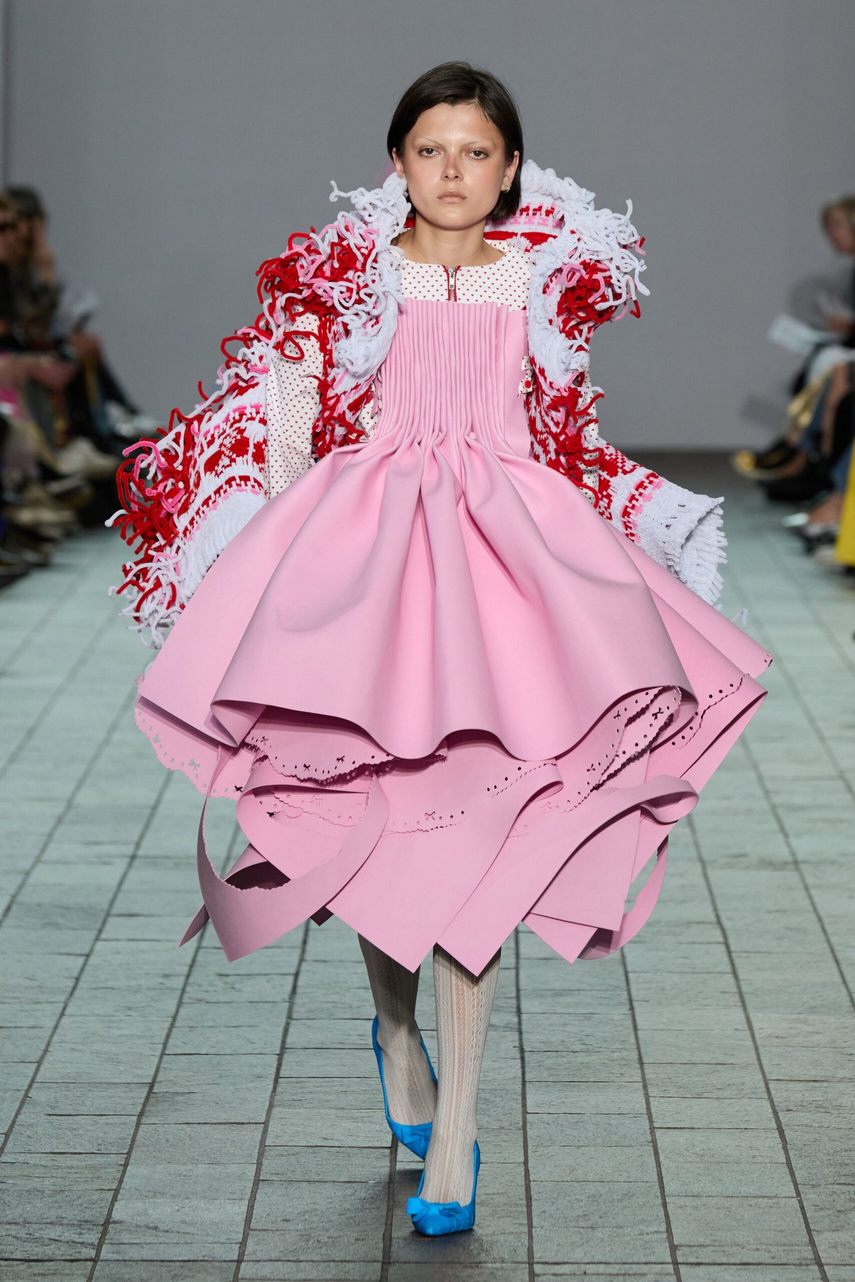 red cotton long-sleeve oversized ruffled coat