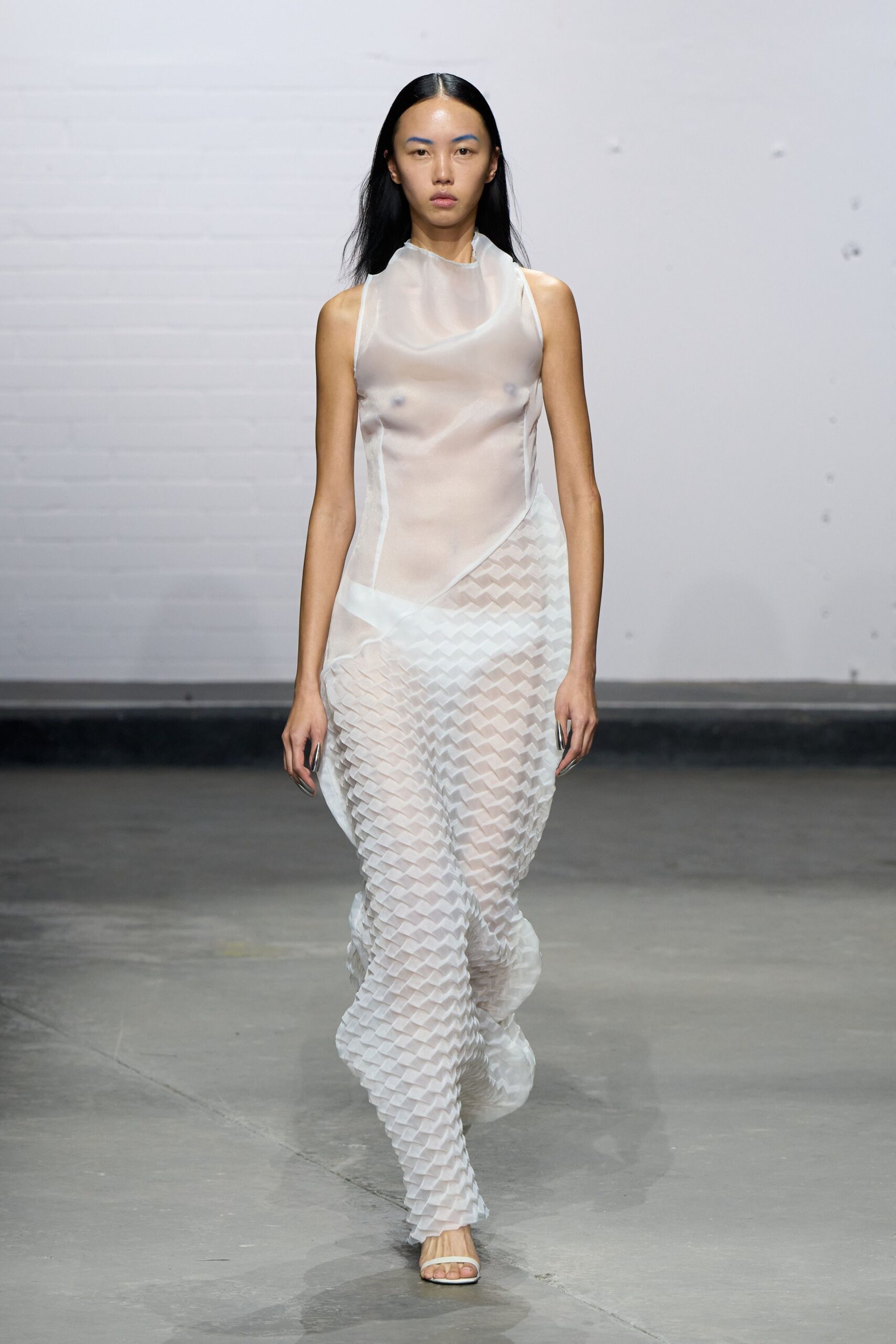 white mesh sleeveless high-neck fitted layered dress
