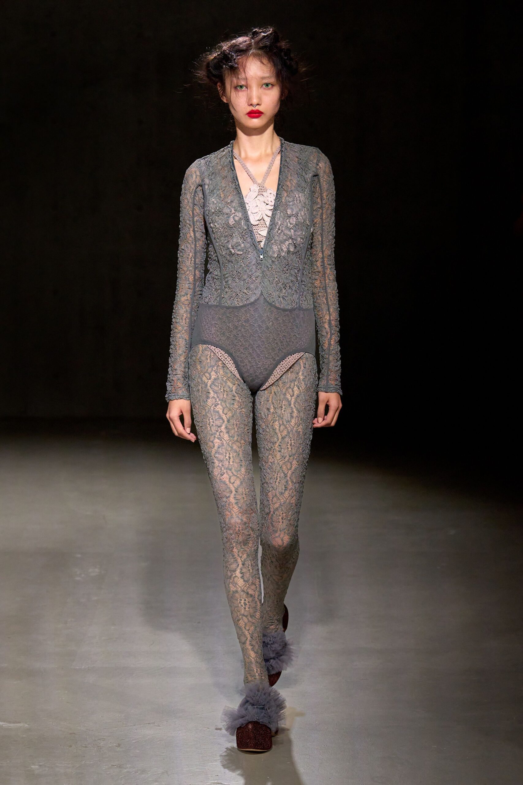 gray lace long-sleeve v-neck fitted embroidered sheer catsuit
