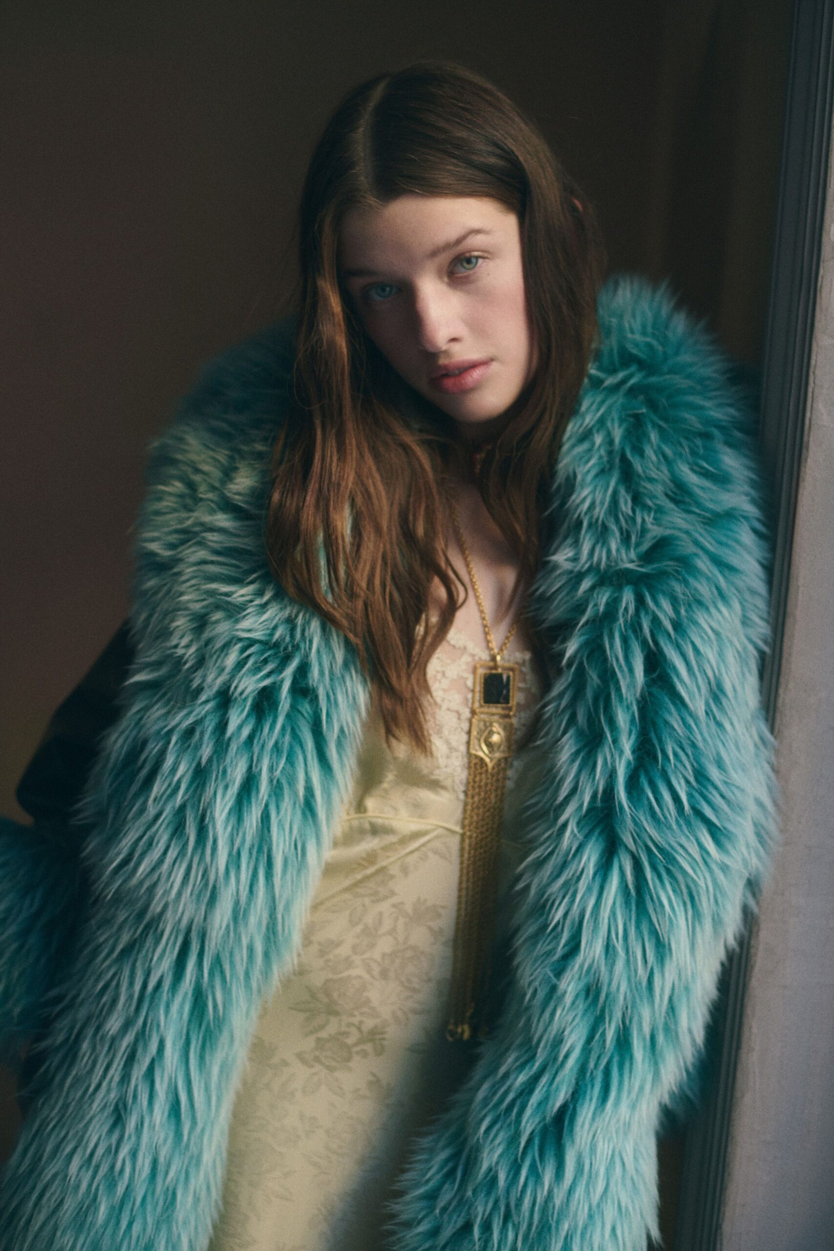 teal faux-fur relaxed layered coat