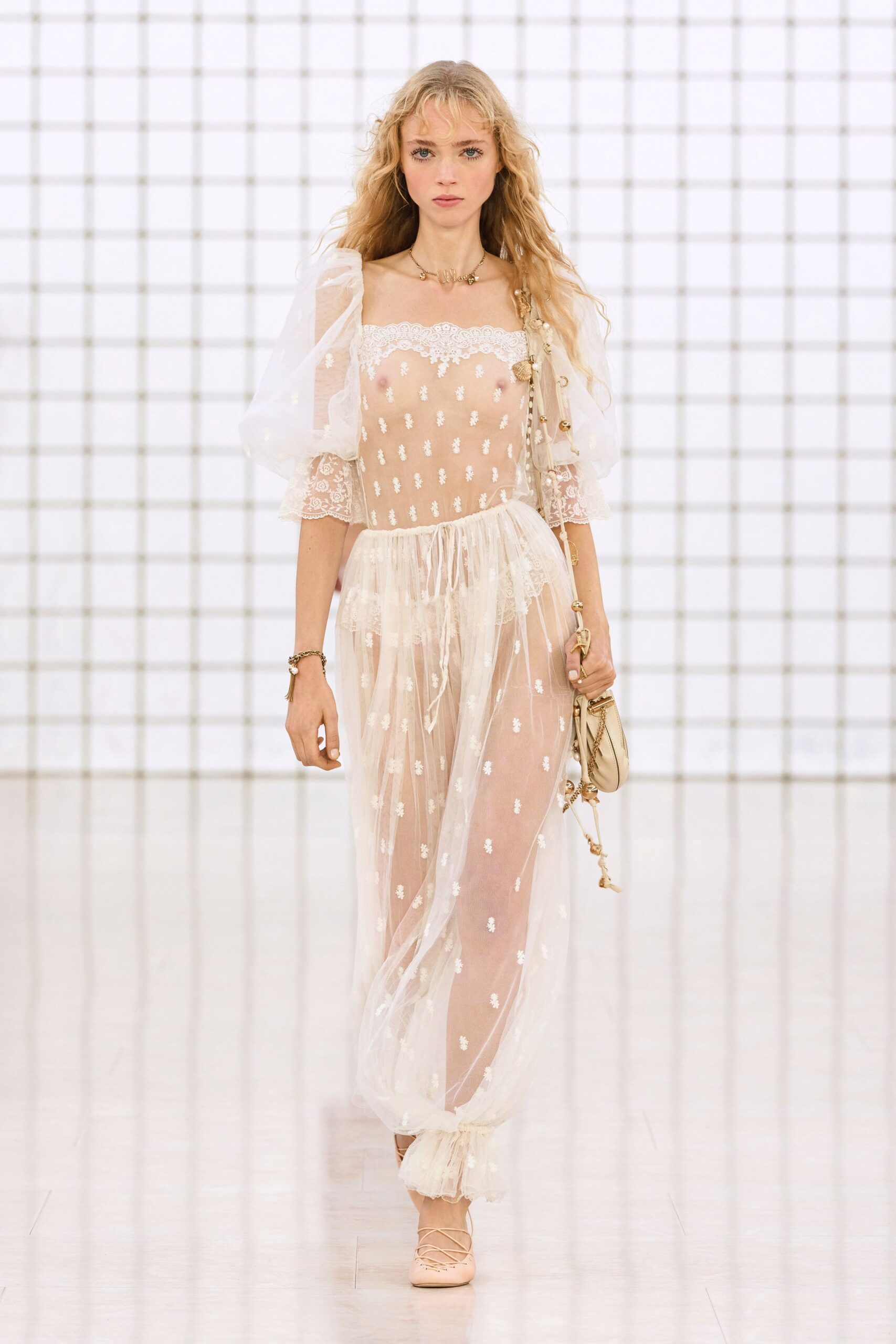 beige sheer embroidered gown