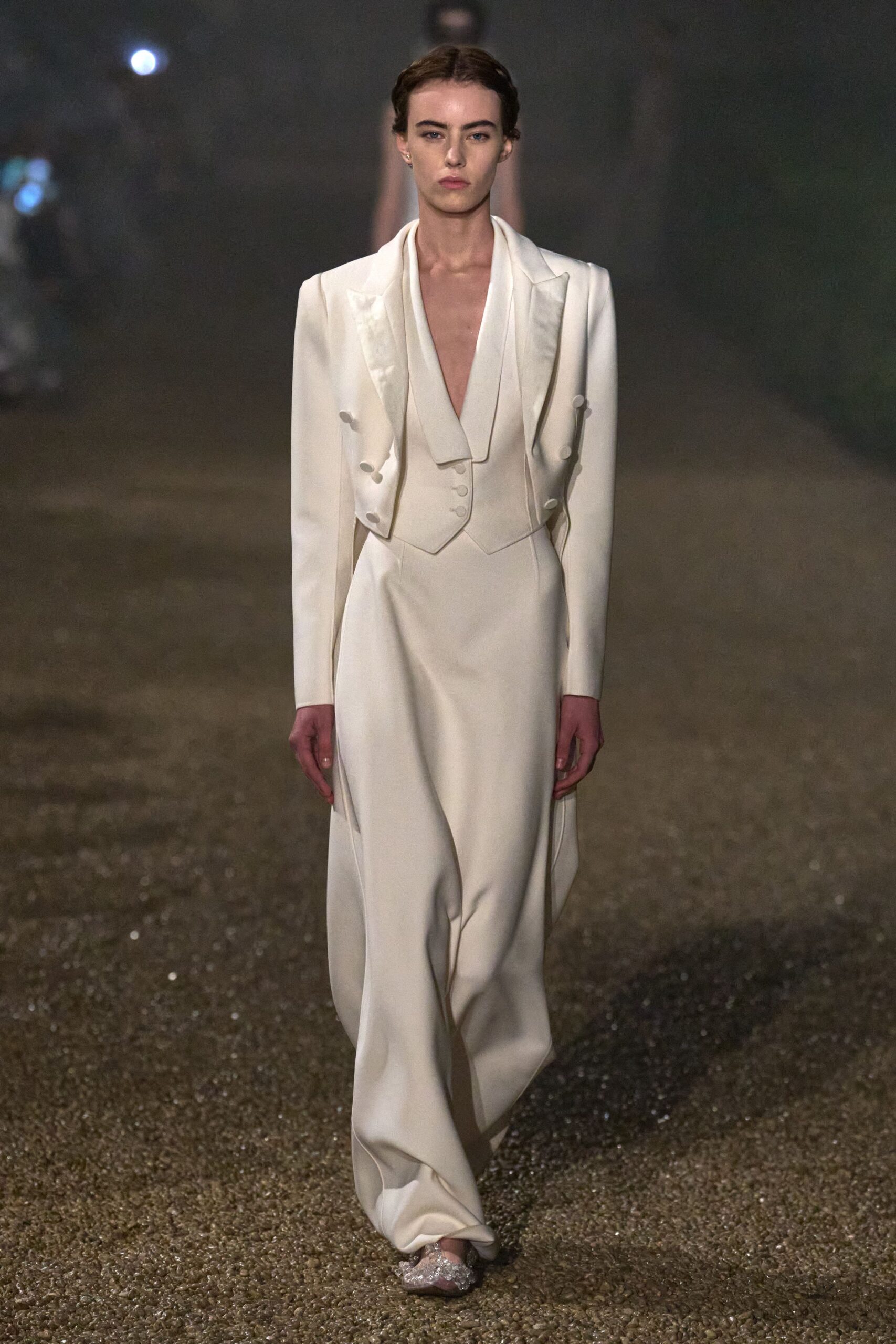 white wool long-sleeve v-neck structured draped maxi dress