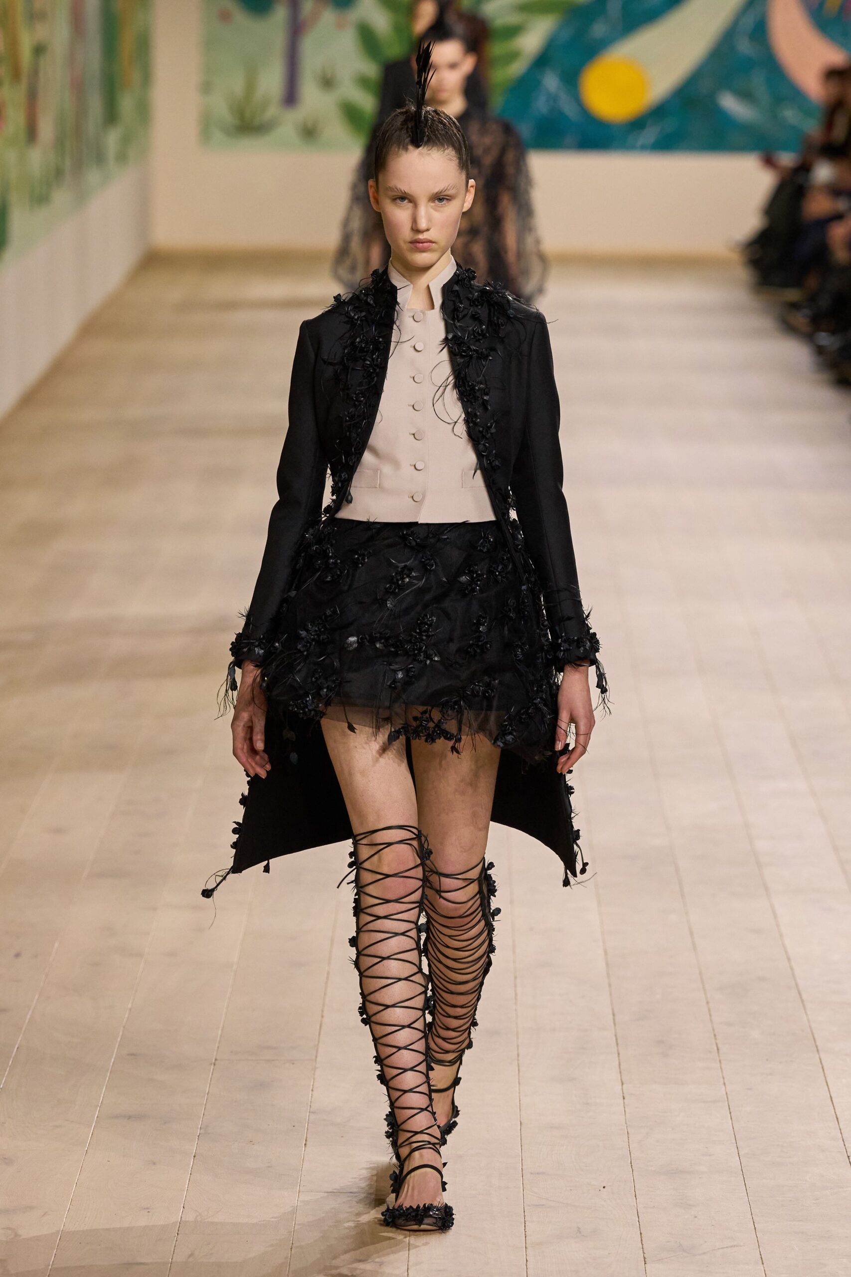 black cotton long-sleeve collared fitted ruffled layered dress