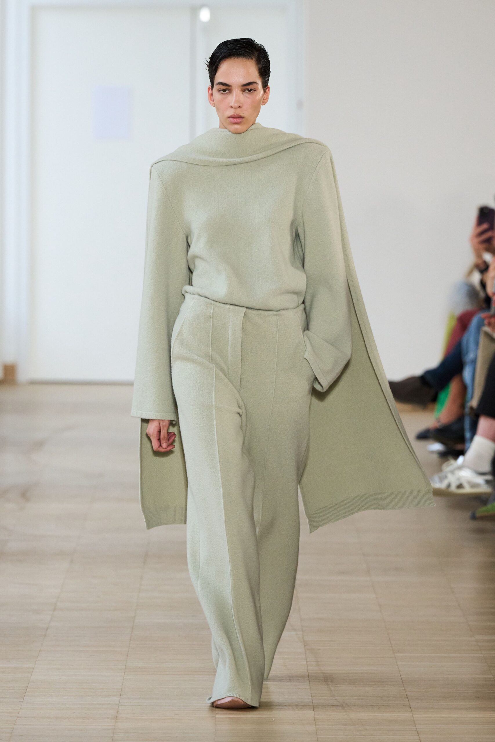 green wool tailored straight-leg pants