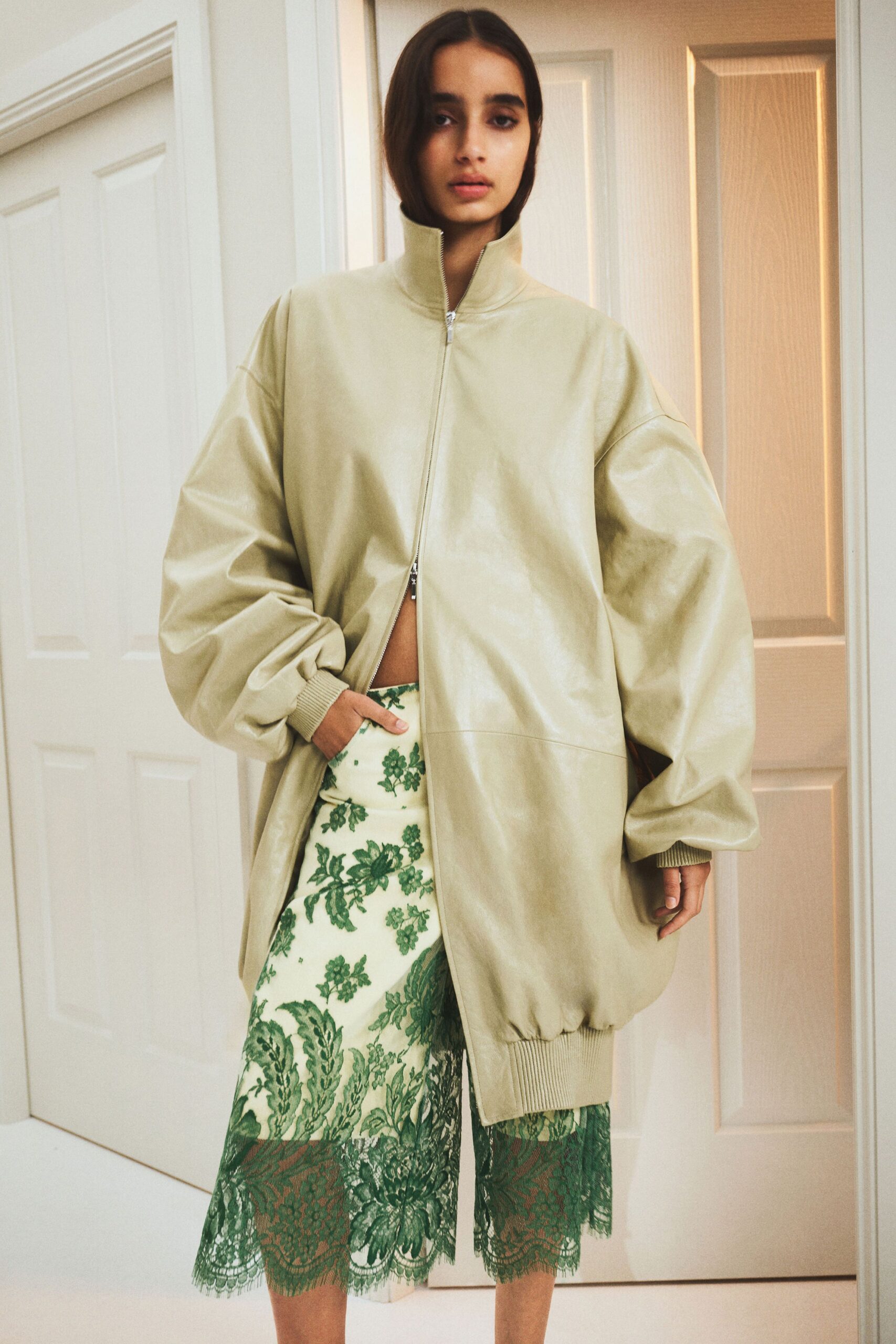 beige leather long-sleeve collared oversized zippered shiny jacket