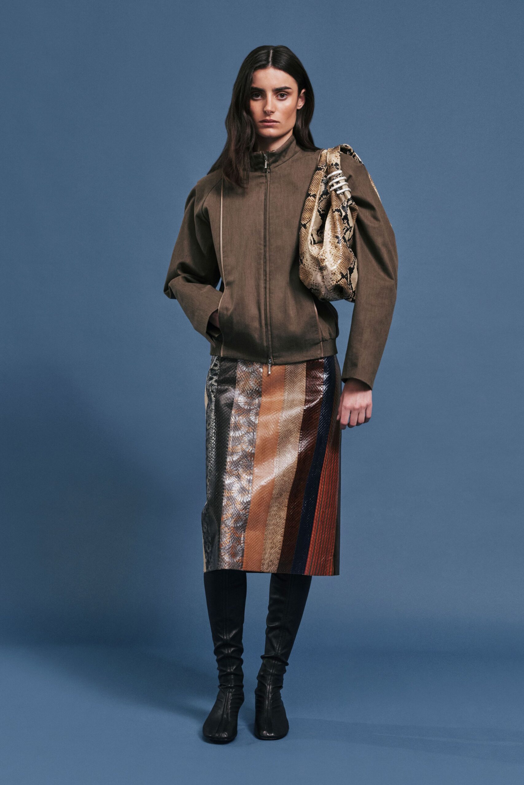 brown suede jacket with multi skirt