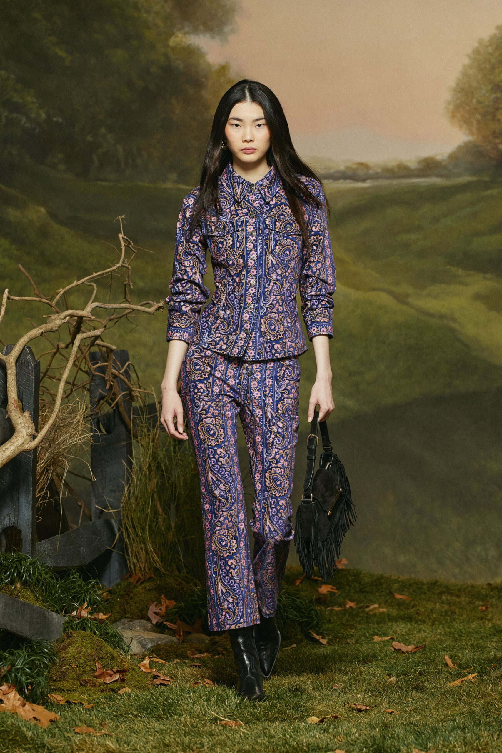 purple silk fitted printed pants