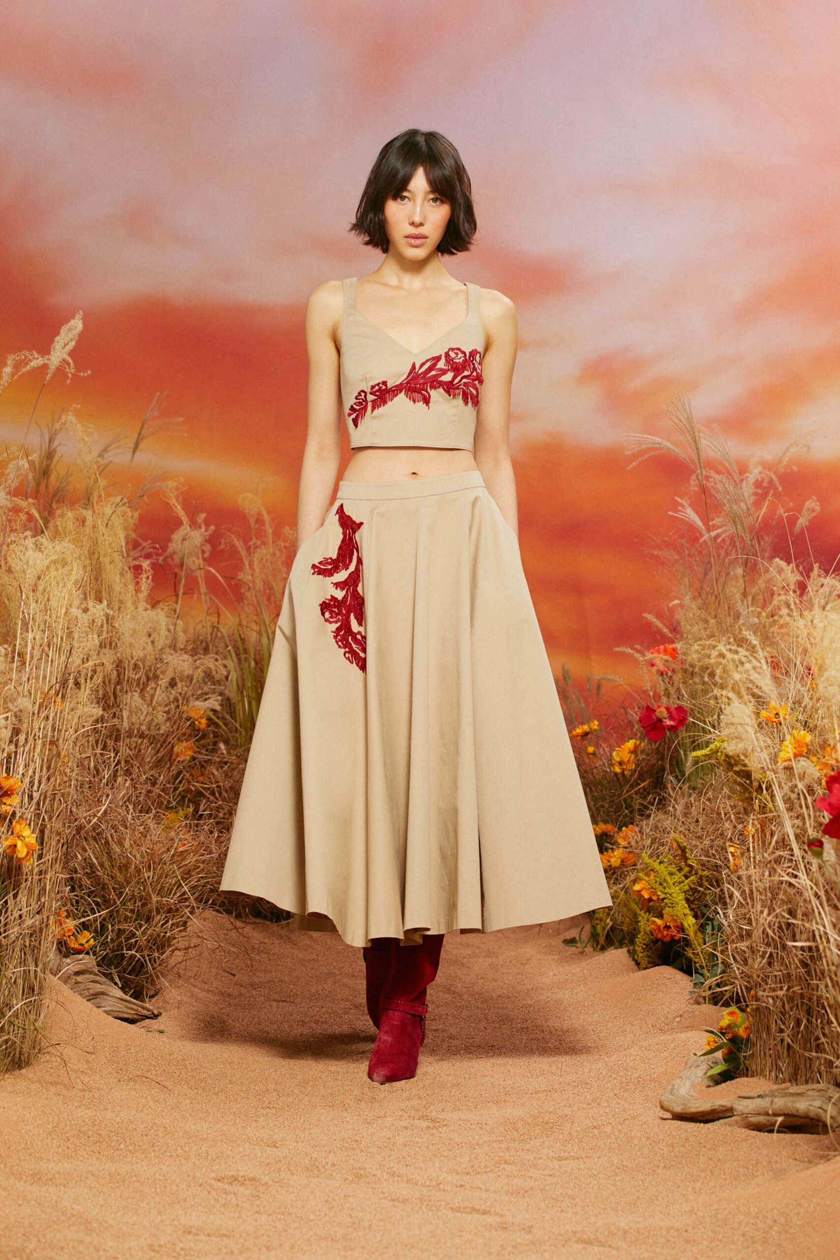 beige cotton sleeveless v-neck fitted embroidered top