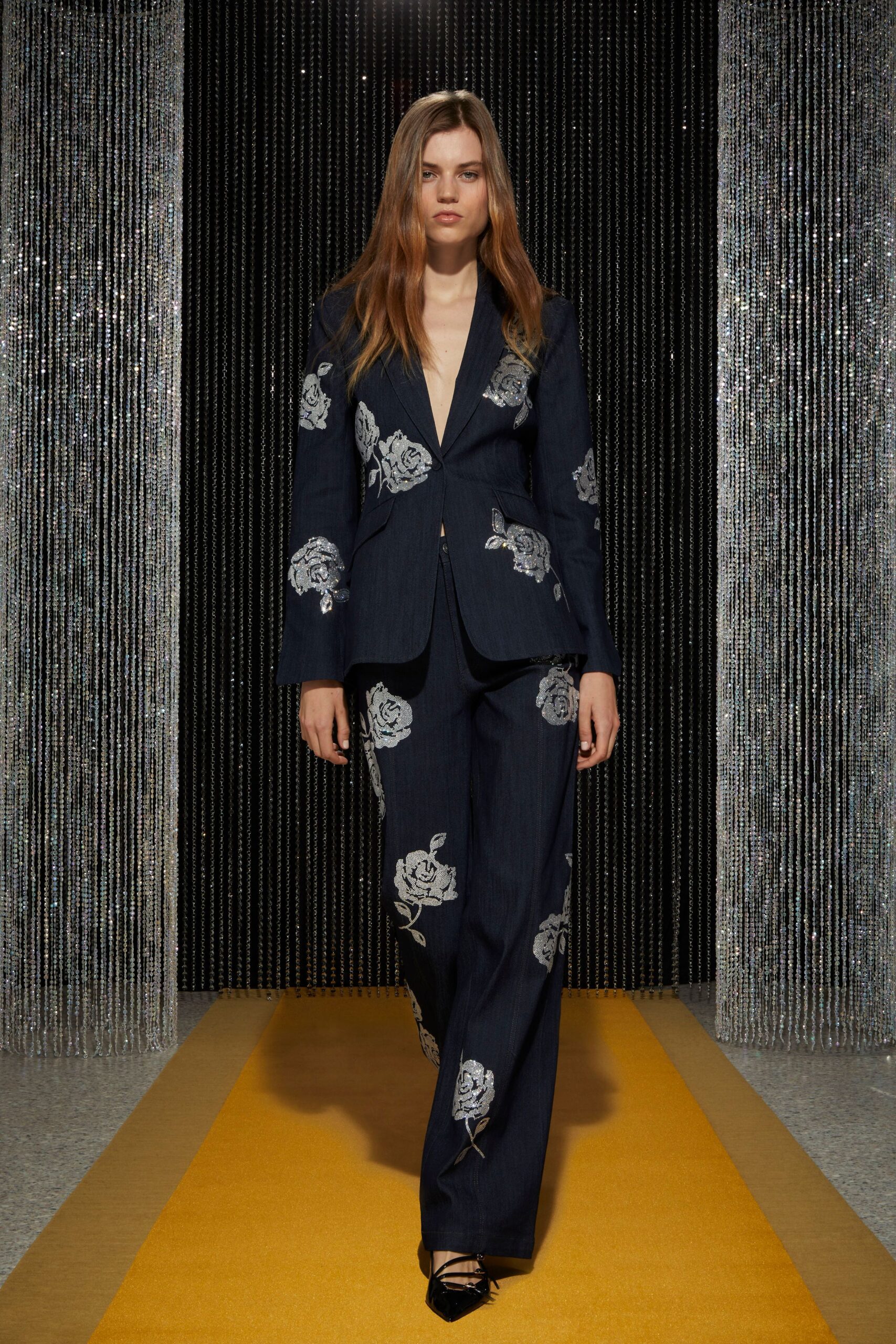blue denim long-sleeve collared tailored embroidered suit